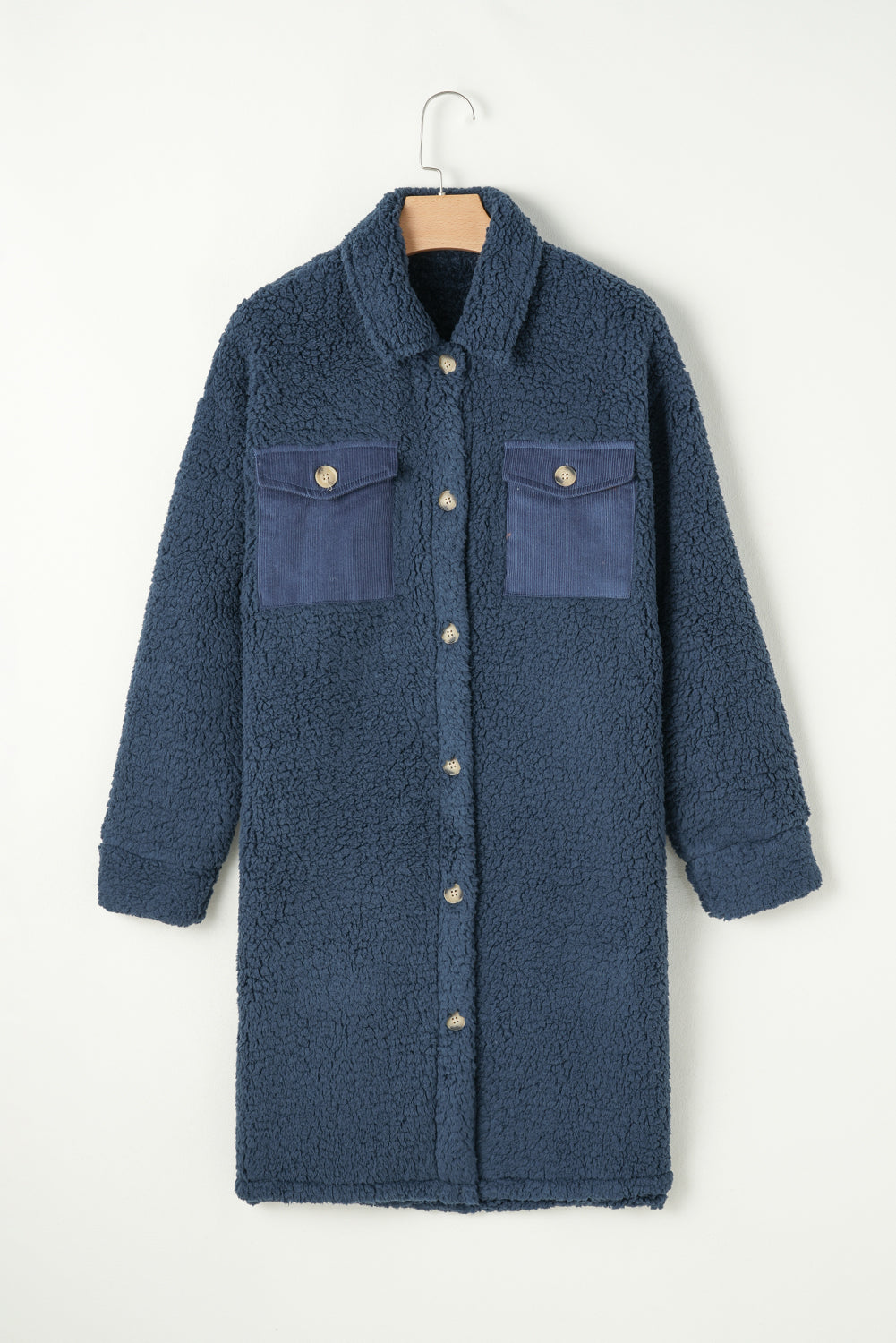 Blue Contrast Flap Pocket Single Breasted Teddy Coat - Premium Outerwear/Coats from Momma Done Gone Crafty- Just $45.99! Shop now at Momma Done Gone Crafty