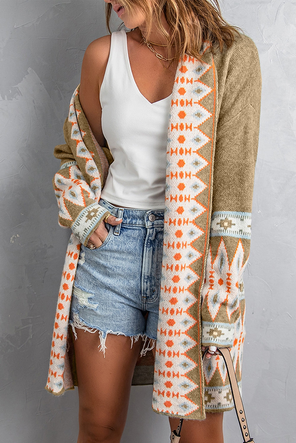 Khaki Aztec Print Open Front Knitted Cardigan - Premium Sweaters & Cardigans/Cardigans from Ashes 2 Wildflowers Boutique, LLC- Just $40.97! Shop now at Ashes 2 Wildflowers Boutique, LLC
