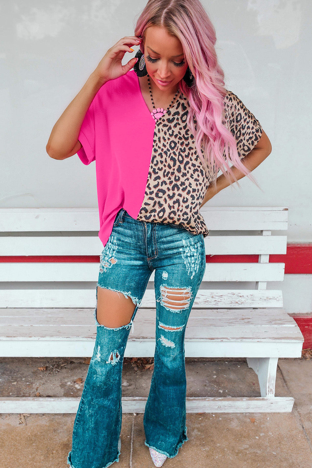 Rose Contrast Leopard Color Block Blouse - Premium Tops from Momma Done Gone Crafty- Just $34.40! Shop now at Momma Done Gone Crafty