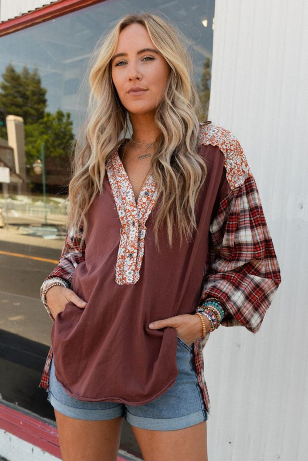 Red Floral Plaid Mixed Print Bishop Sleeve Patchwork Top - Premium Tops from Momma Done Gone Crafty- Just $61.11! Shop now at Momma Done Gone Crafty