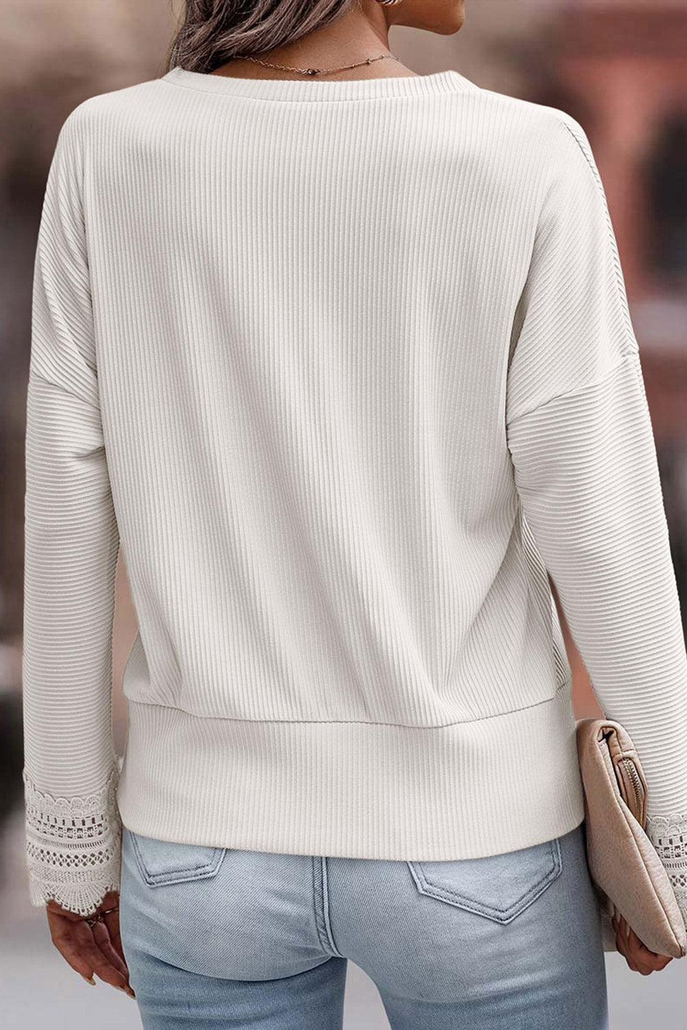 White Ribbed Texture Lace Trim V Neck Long Sleeve Top - Premium Tops from Momma Done Gone Crafty- Just $42.60! Shop now at Momma Done Gone Crafty