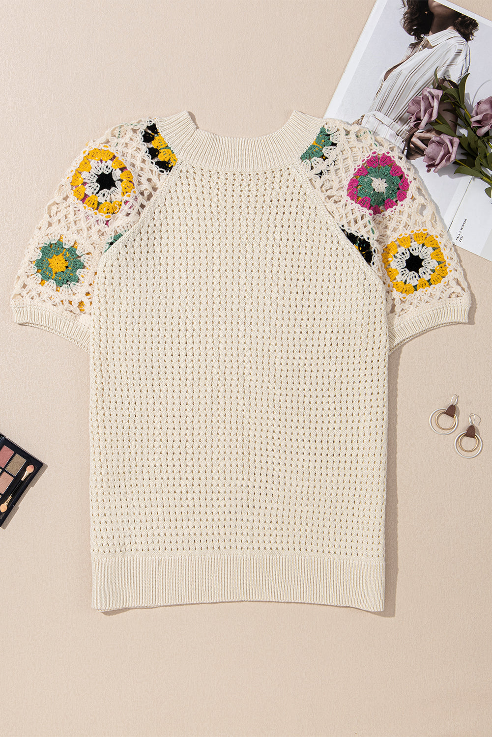 Apricot Hollow Out Floral Crochet Short Sleeve Crewneck Sweater - Premium Sweaters & Cardigans/Short Sleeve Sweaters from Momma Done Gone Crafty- Just $31.05! Shop now at Momma Done Gone Crafty