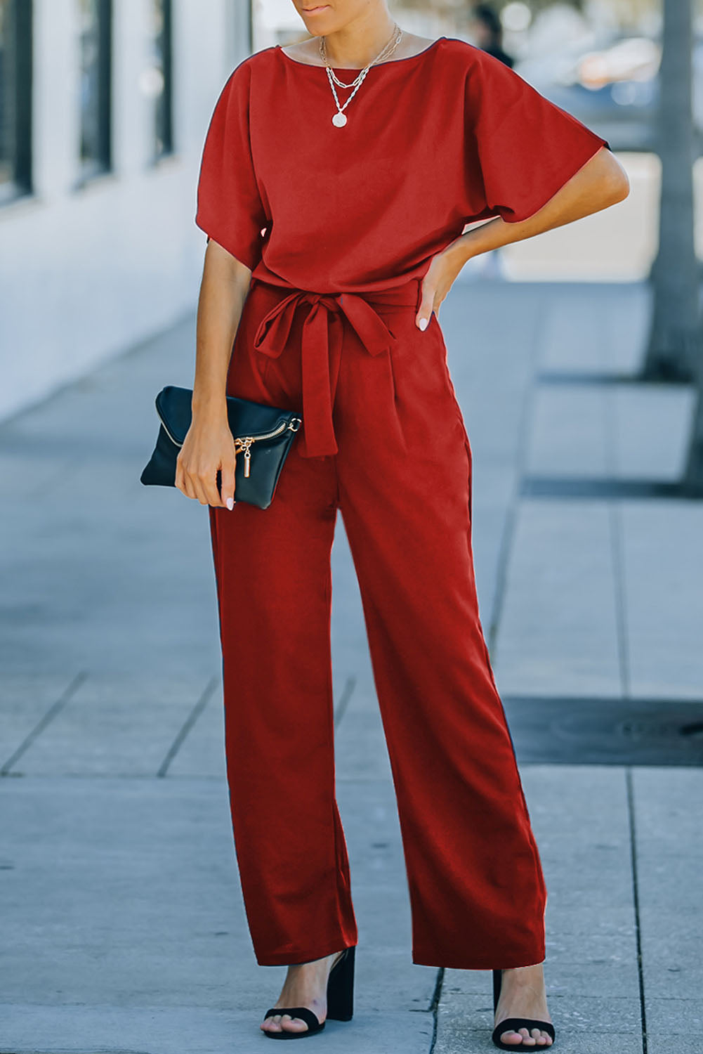 Red Belted Wide Leg Jumpsuit - Premium Bottoms from Momma Done Gone Crafty- Just $40.20! Shop now at Momma Done Gone Crafty