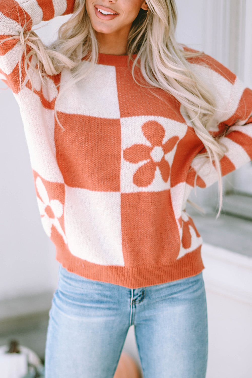 Brown Checkered Floral Print Striped Sleeve Sweater - Premium Tops from Momma Done Gone Crafty- Just $31.50! Shop now at Momma Done Gone Crafty