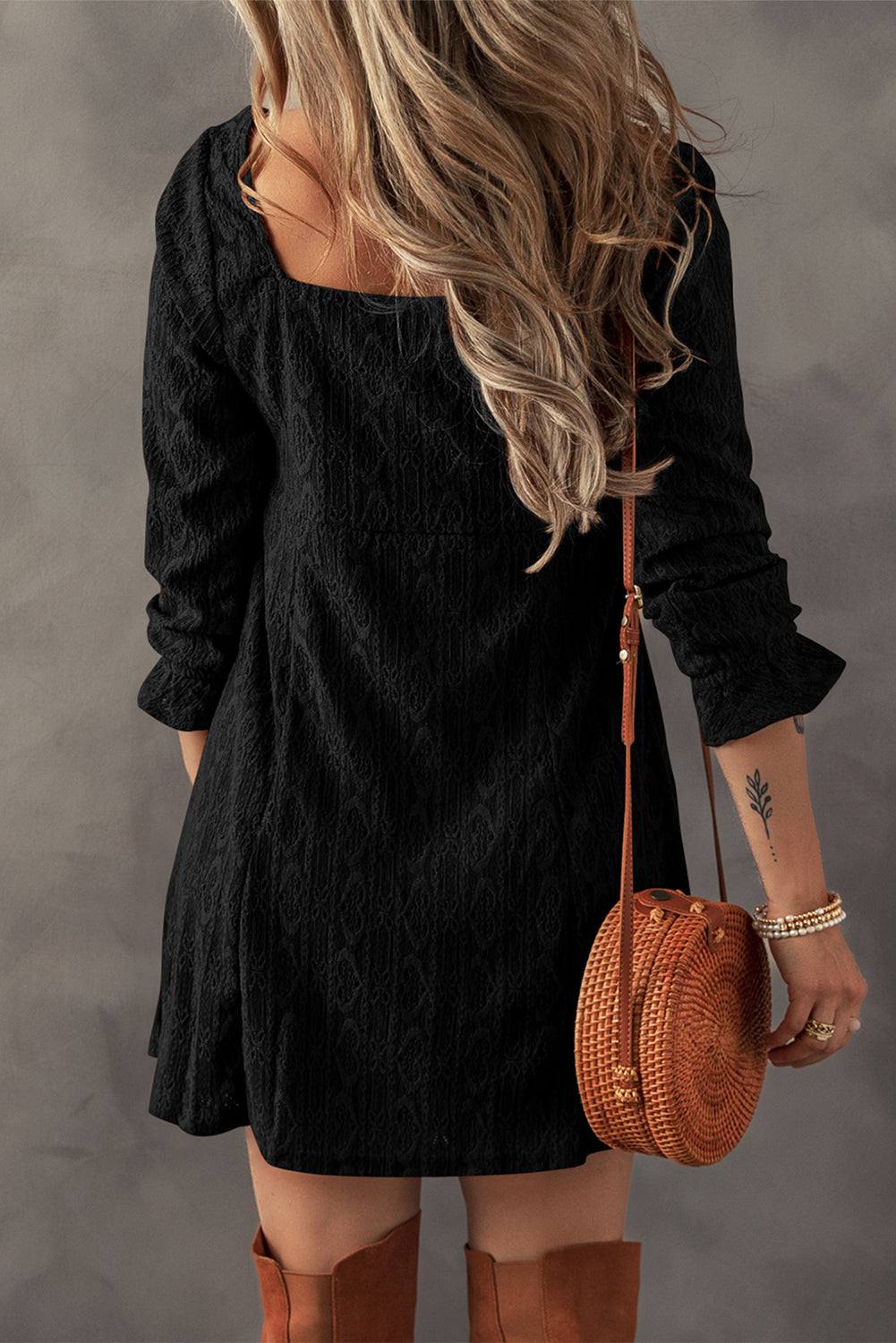 Black Lace Crochet Buttoned Square Neck Shift Mini Dress - Premium Dresses/Mini Dresses from Momma Done Gone Crafty- Just $44! Shop now at Momma Done Gone Crafty