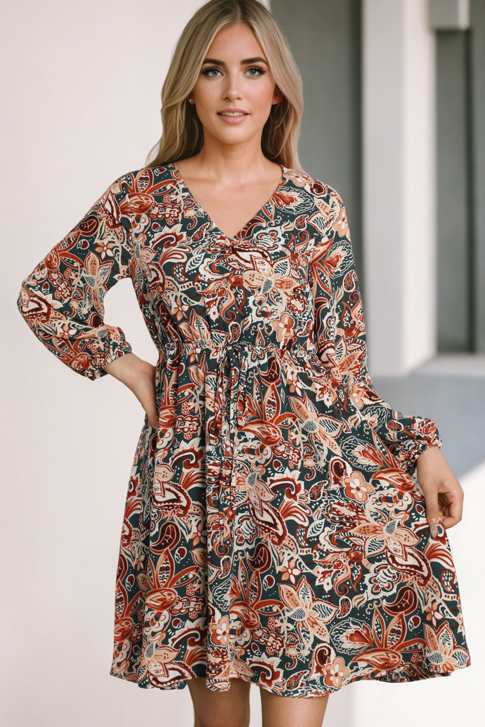 Brown Geometric Print Long Sleeve Surplice Flowy Dress - Premium Dresses from Momma Done Gone Crafty- Just $44.67! Shop now at Momma Done Gone Crafty