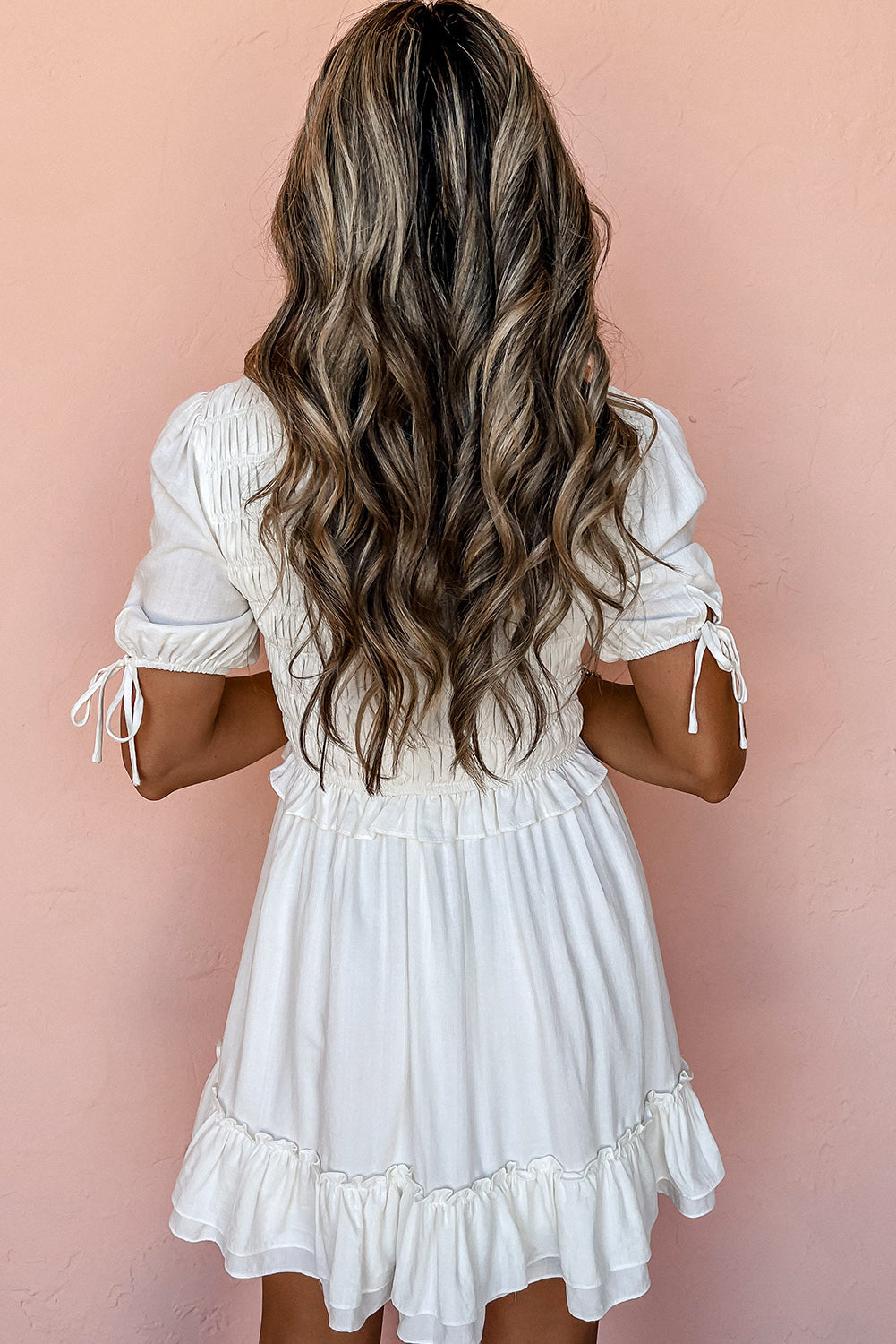 White Tie Short Sleeves Smocked Ruffle Mini Dress - Premium Dresses/Mini Dresses from Momma Done Gone Crafty- Just $42.36! Shop now at Momma Done Gone Crafty