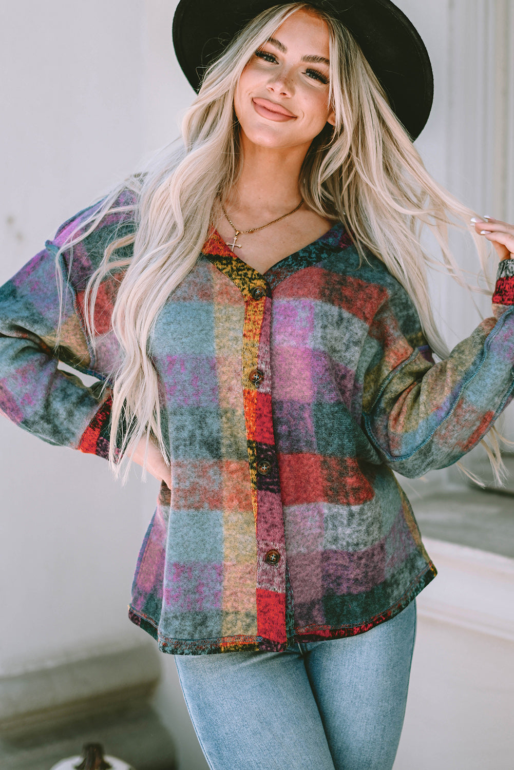 Multicolor Brushed Checked Western Buttoned Jacket - Premium Outerwear from Momma Done Gone Crafty- Just $40.20! Shop now at Momma Done Gone Crafty
