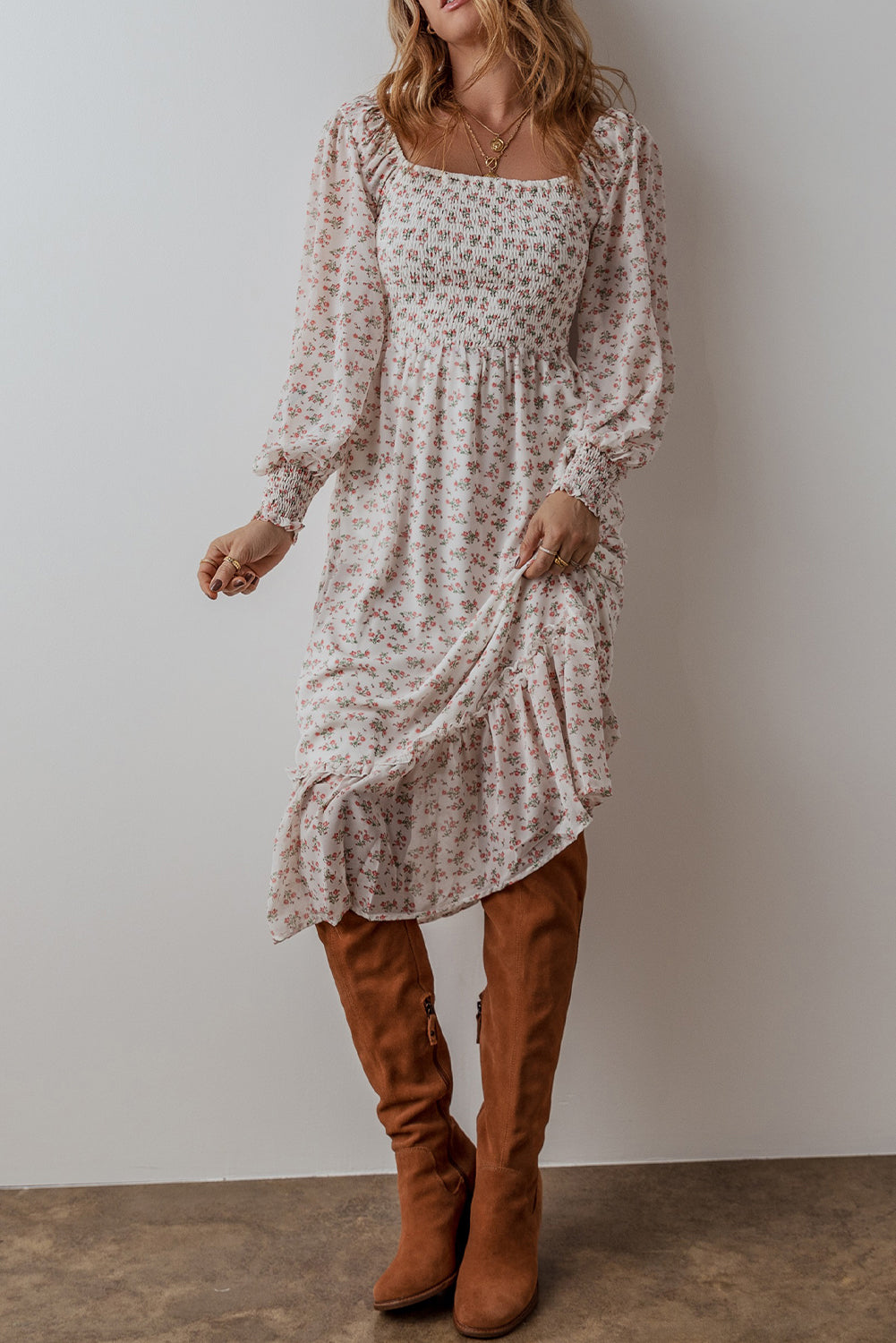 White Floral Print Shirred Ruffled Hem Square Neck Midi Dress - Premium Dresses/Floral Dresses from Ashes 2 Wildflowers Boutique, LLC- Just $38.53! Shop now at Ashes 2 Wildflowers Boutique, LLC