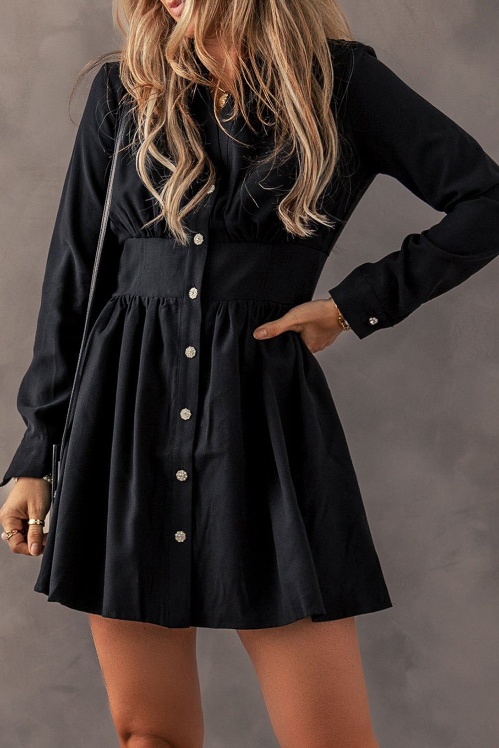 Black Elastic Cinched High Waist Long Sleeve Shirt Mini Dress - Premium Dresses/Mini Dresses from Momma Done Gone Crafty- Just $49.05! Shop now at Momma Done Gone Crafty