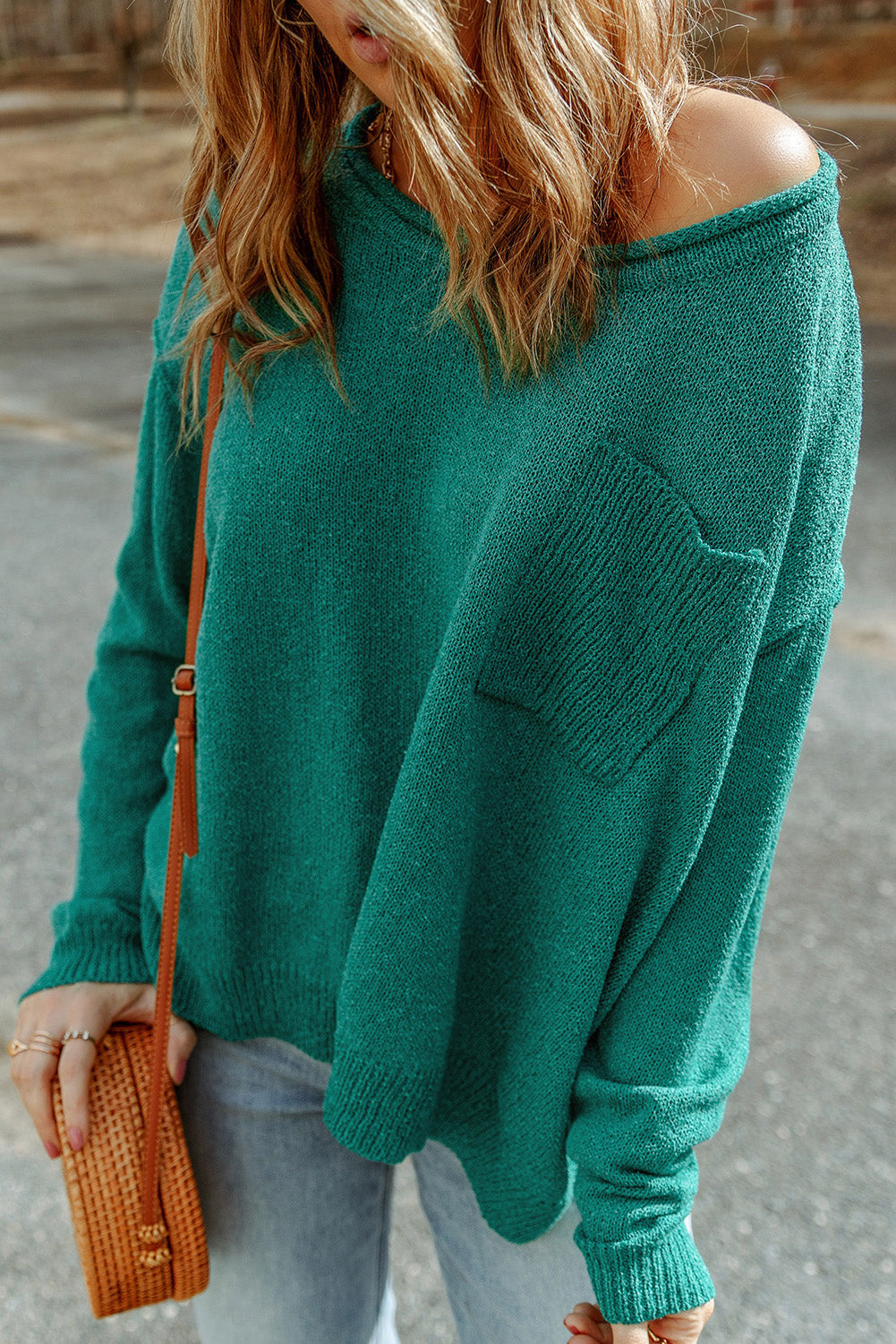 Green Solid Color Off Shoulder Rib Knit Sweater with Pocket - Premium Tops from Momma Done Gone Crafty- Just $40.20! Shop now at Momma Done Gone Crafty