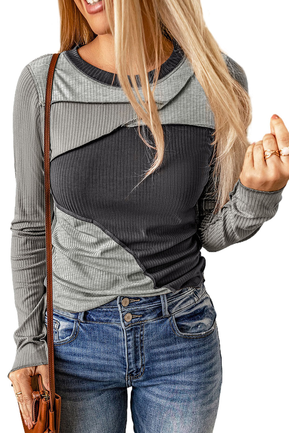 Gray Expose Seam Color Block Ribbed Knit Top - Premium Tops from Momma Done Gone Crafty- Just $44.10! Shop now at Momma Done Gone Crafty