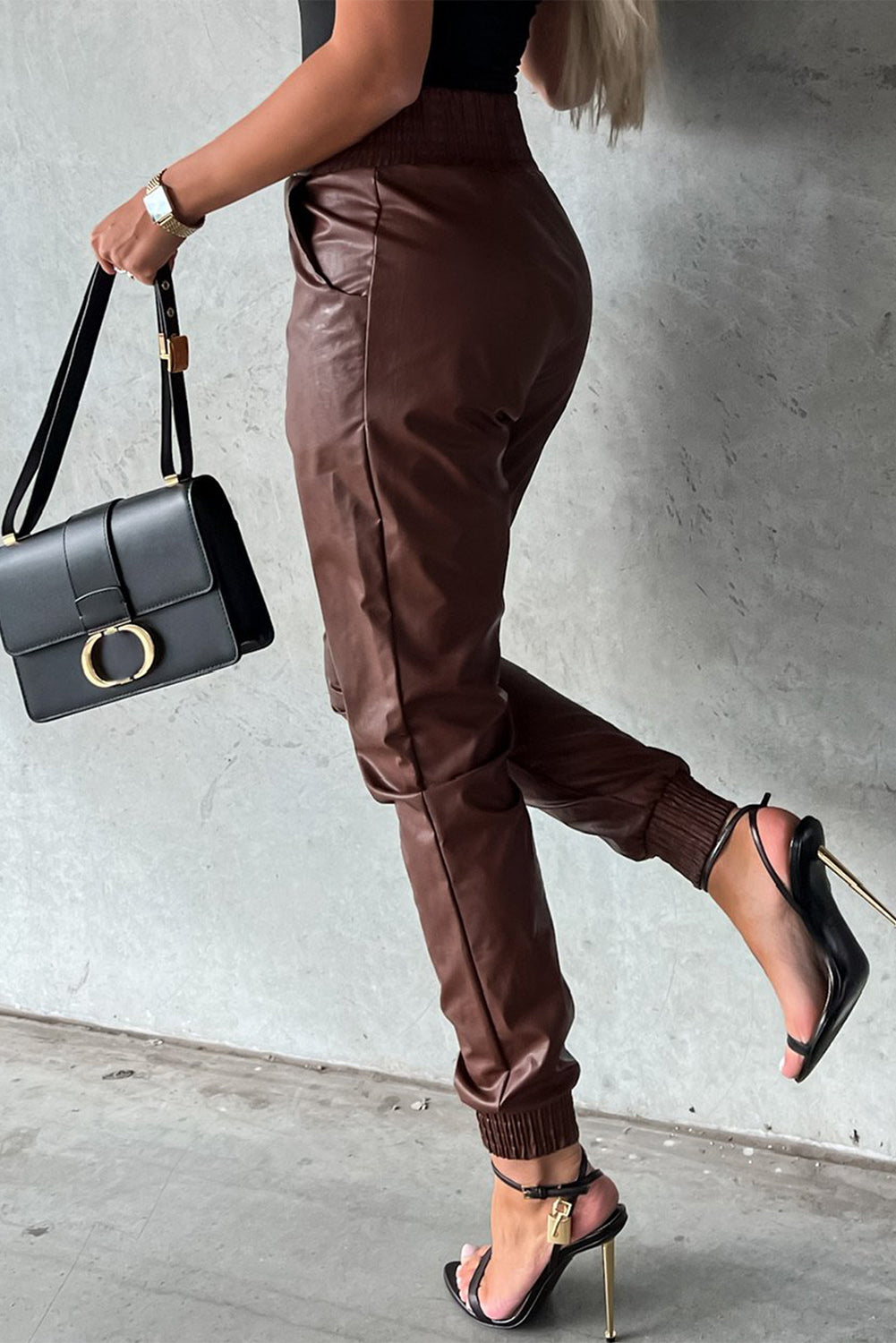 Brown Smocked High-Waist Leather Skinny Pants - Premium Bottoms from Momma Done Gone Crafty- Just $58.71! Shop now at Momma Done Gone Crafty