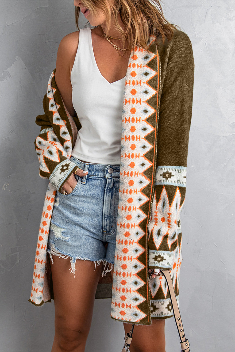 Brown Aztec Print Open Front Knitted Cardigan - Premium Sweaters & Cardigans/Cardigans from Ashes 2 Wildflowers Boutique, LLC- Just $40.97! Shop now at Ashes 2 Wildflowers Boutique, LLC