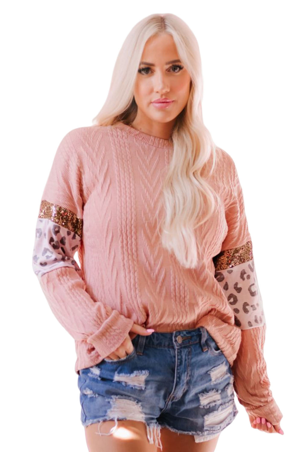Pink Leopard Sequin Splicing Sleeves Textured Knit Top - Premium Tops from Momma Done Gone Crafty- Just $36.90! Shop now at Momma Done Gone Crafty