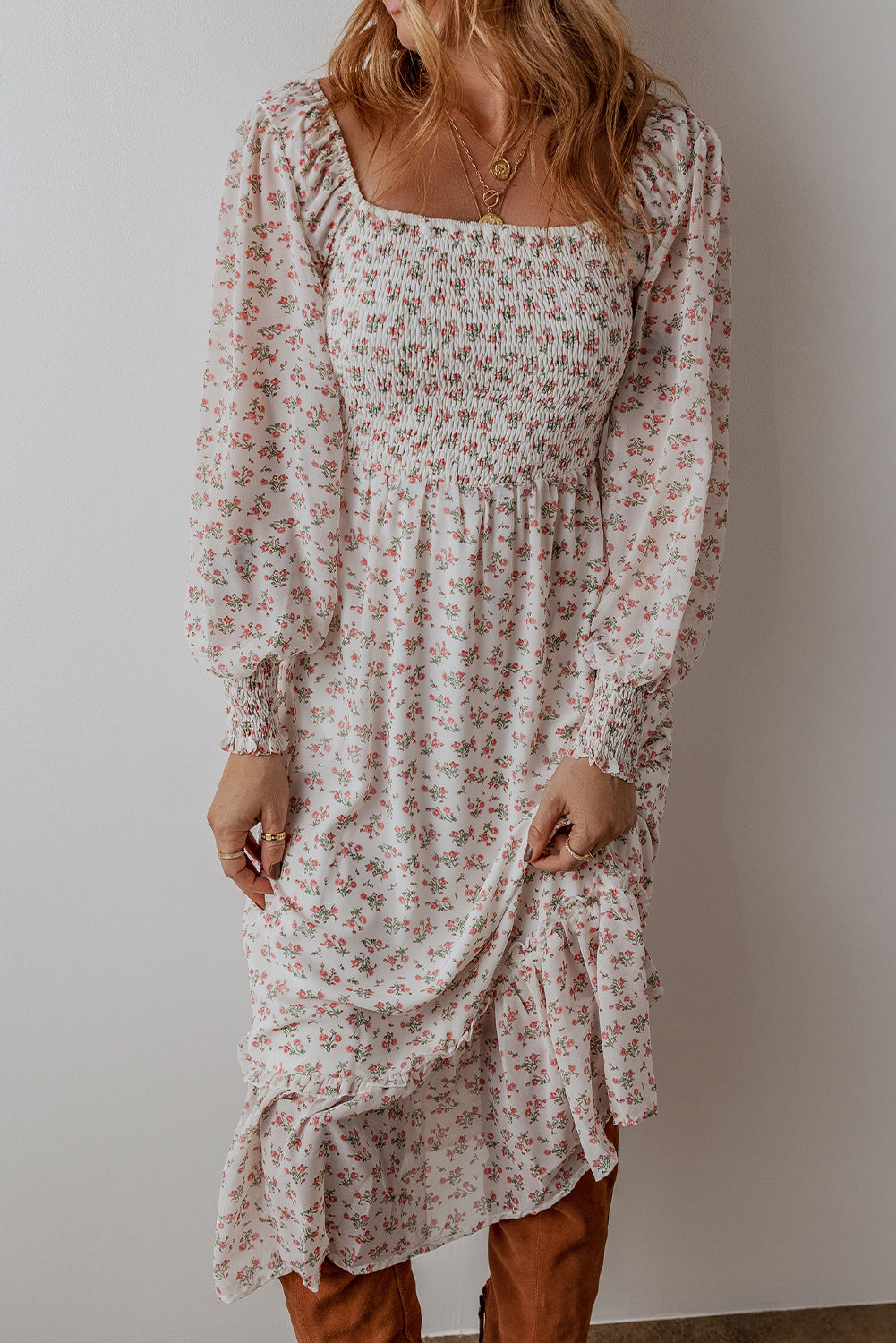 White Floral Print Shirred Ruffled Hem Square Neck Midi Dress - Premium Dresses/Floral Dresses from Ashes 2 Wildflowers Boutique, LLC- Just $38.53! Shop now at Ashes 2 Wildflowers Boutique, LLC