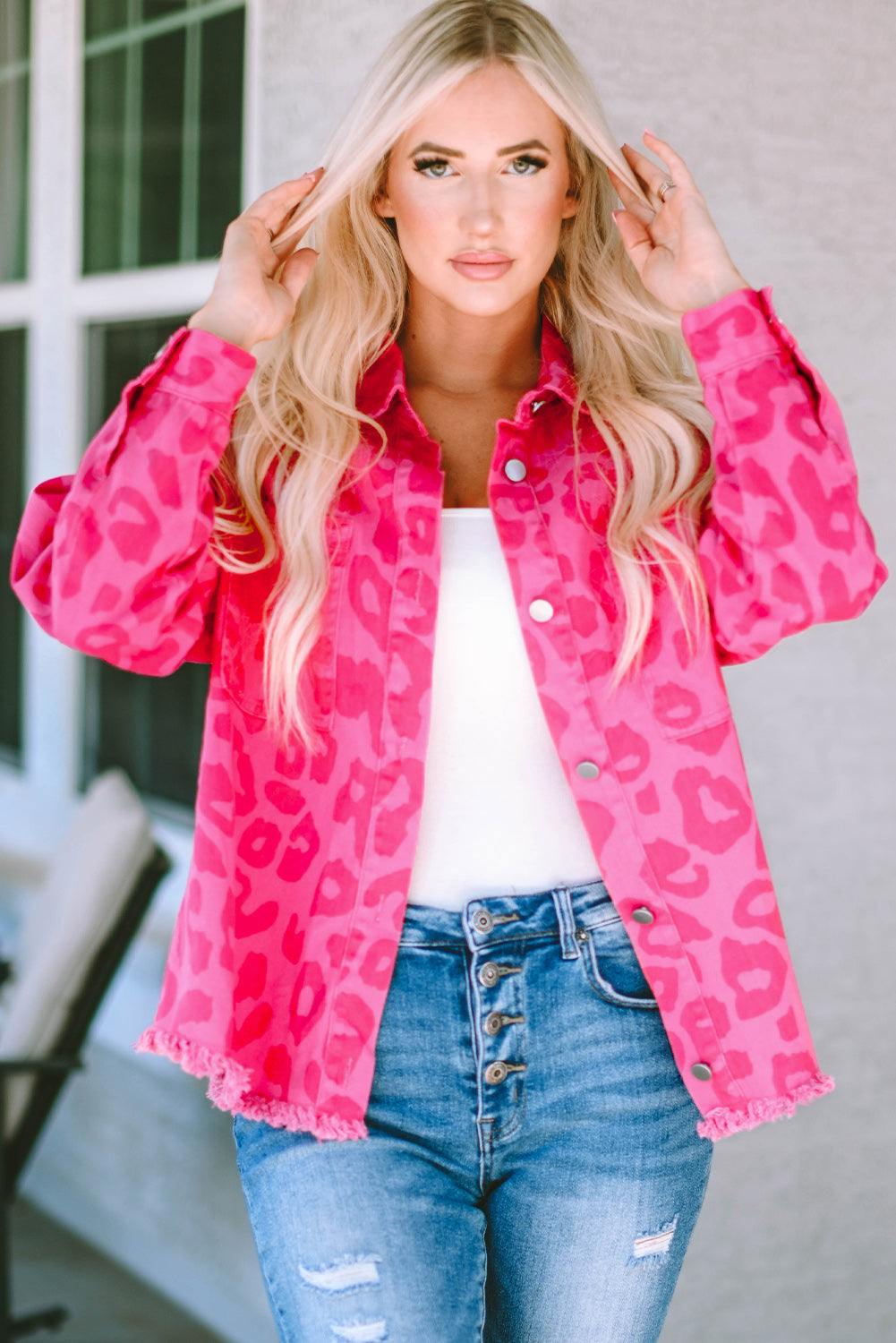 Pink Leopard Print Button Cuffs Raw Hem Jacket - Premium Outerwear from Momma Done Gone Crafty- Just $55.80! Shop now at Momma Done Gone Crafty