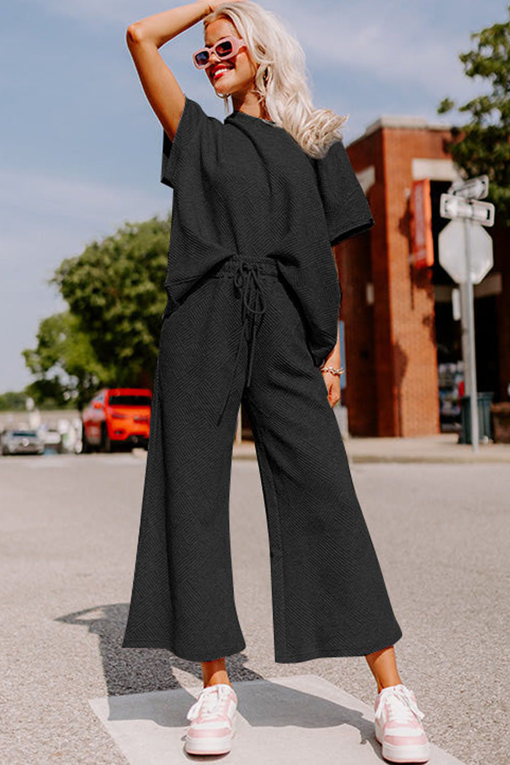 Black Textured Loose Fit T Shirt and Drawstring Pants Set - Premium Loungewear from Momma Done Gone Crafty- Just $58.99! Shop now at Momma Done Gone Crafty