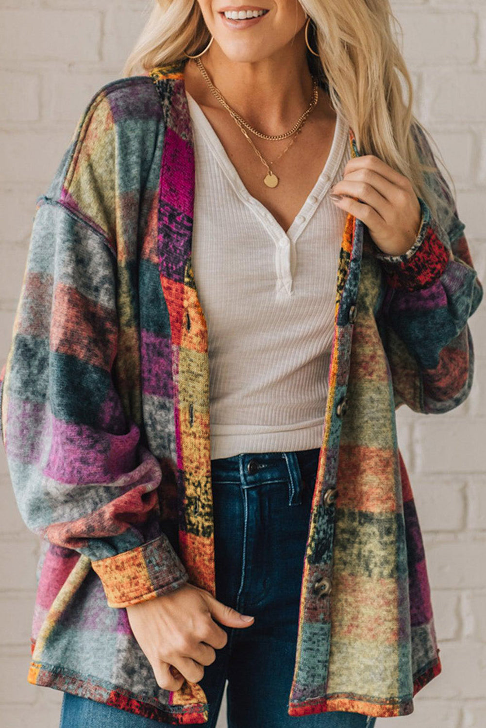 Multicolor Brushed Checked Western Buttoned Jacket - Premium Outerwear from Momma Done Gone Crafty- Just $40.20! Shop now at Momma Done Gone Crafty