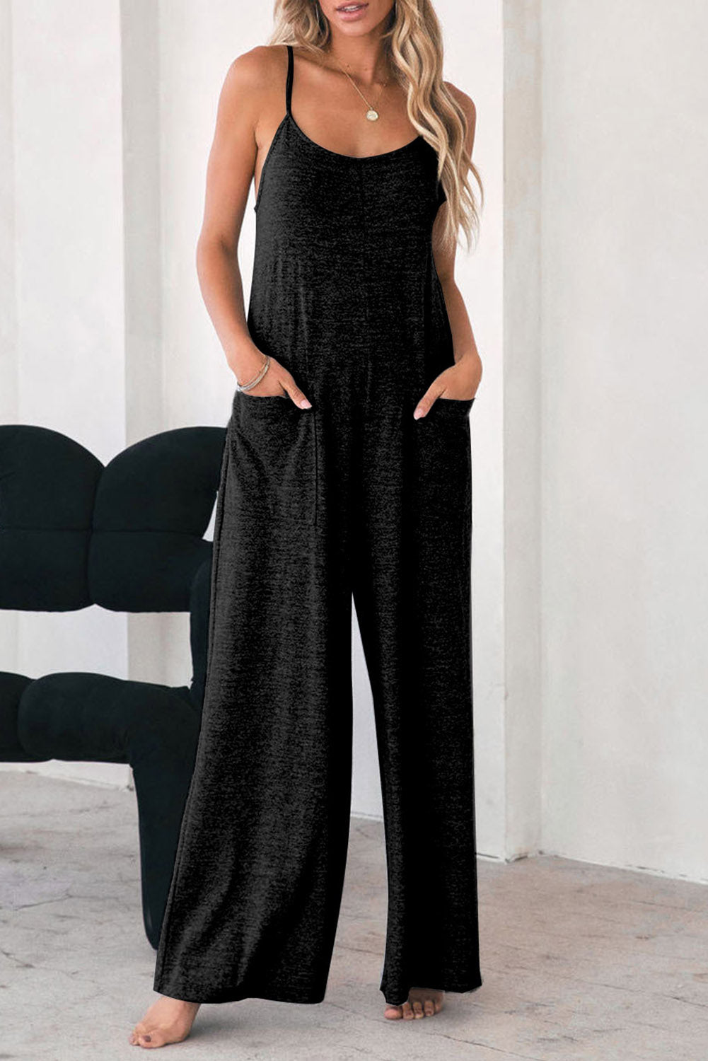 Black Patch Pockets Spaghetti Strap Wide Leg Jumpsuit - Premium Bottoms/Jumpsuits & Rompers from Momma Done Gone Crafty- Just $22.20! Shop now at Momma Done Gone Crafty