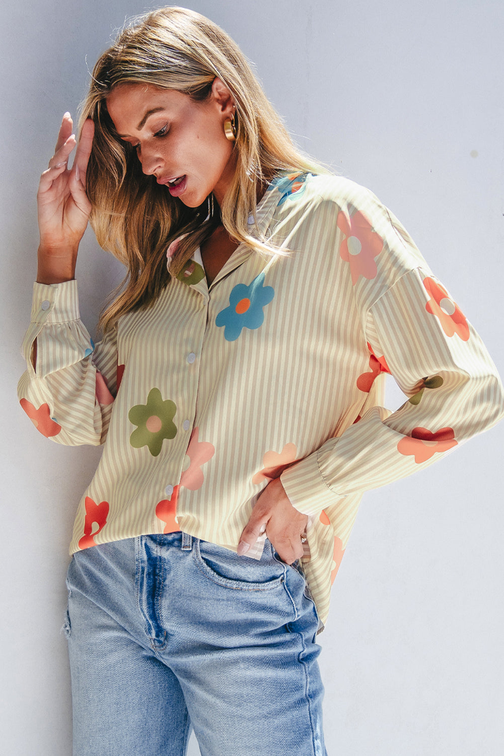 Apricot Stripe Flower Print Collared Button-up Loose Fit Shirt - Premium Sale (50% OFF)/30% OFF from Ashes 2 Wildflowers Boutique, LLC- Just $20.29! Shop now at Ashes 2 Wildflowers Boutique, LLC