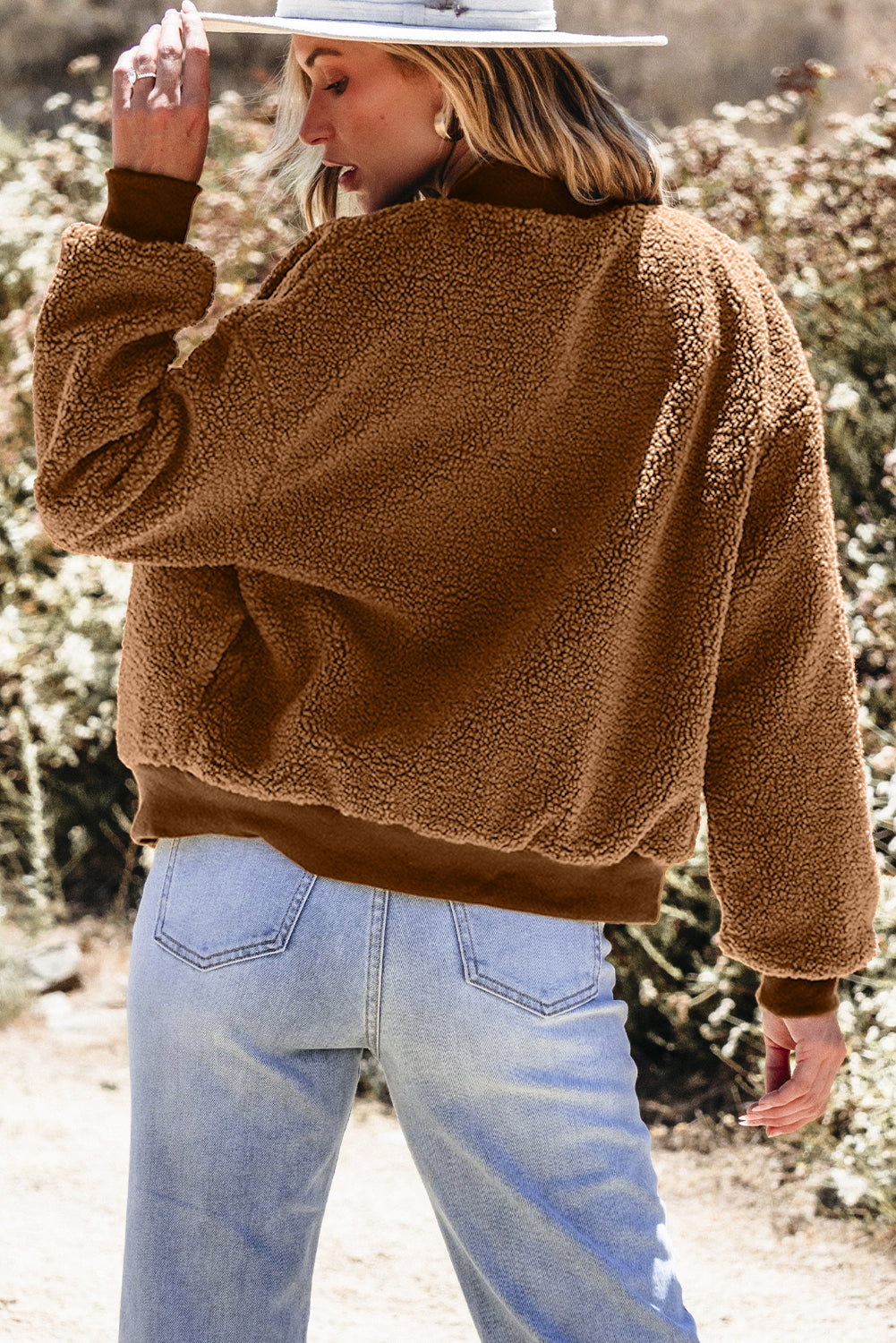 Redwood Burl Sherpa Ribbed Baseball Collar Bomber Jacket - Premium Sale (50% OFF)/30% OFF from Ashes 2 Wildflowers Boutique, LLC- Just $38.60! Shop now at Ashes 2 Wildflowers Boutique, LLC
