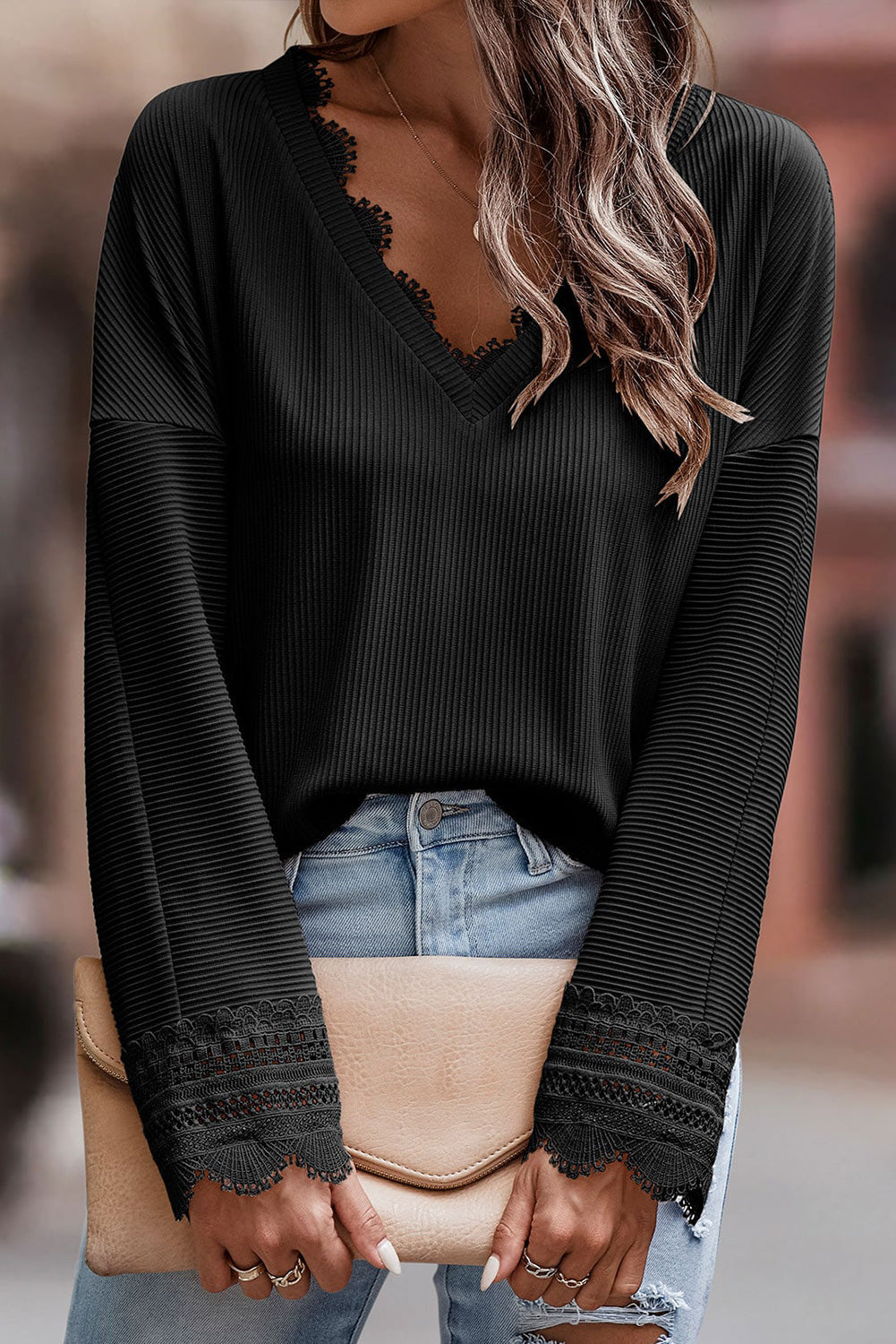 Black Ribbed Texture Lace Trim V Neck Long Sleeve Top - Premium Tops from Momma Done Gone Crafty- Just $42.60! Shop now at Momma Done Gone Crafty