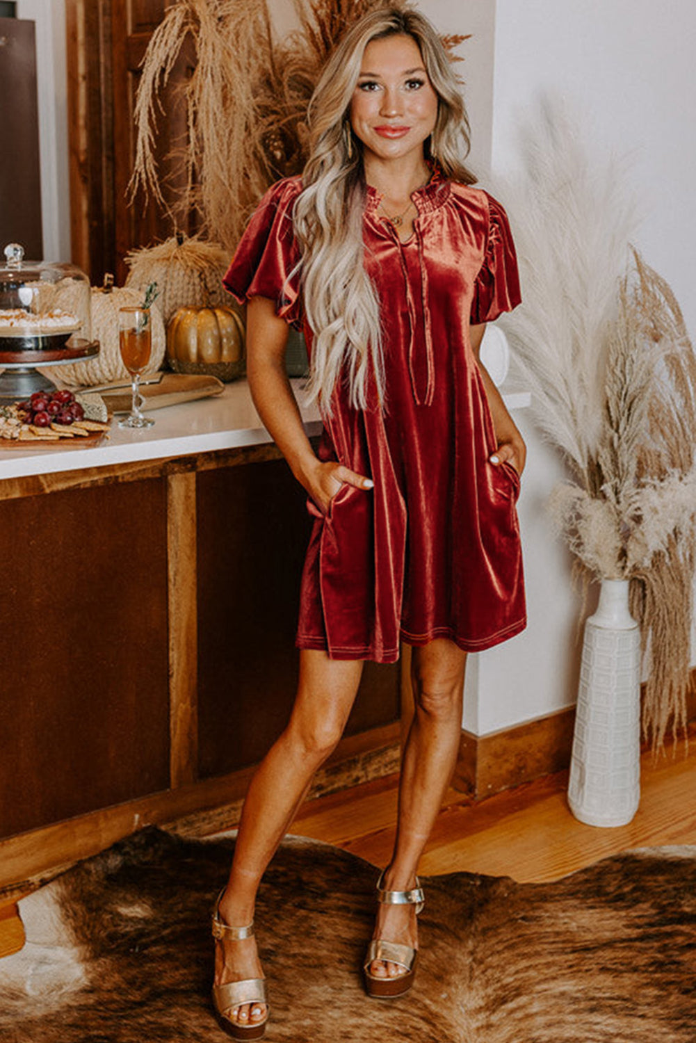 Cinnamon Velvet Smocked Neckline Puff Sleeve Shift Mini Dress - Premium Dresses/Mini Dresses from Ashes 2 Wildflowers Boutique, LLC- Just $48.99! Shop now at Ashes 2 Wildflowers Boutique, LLC