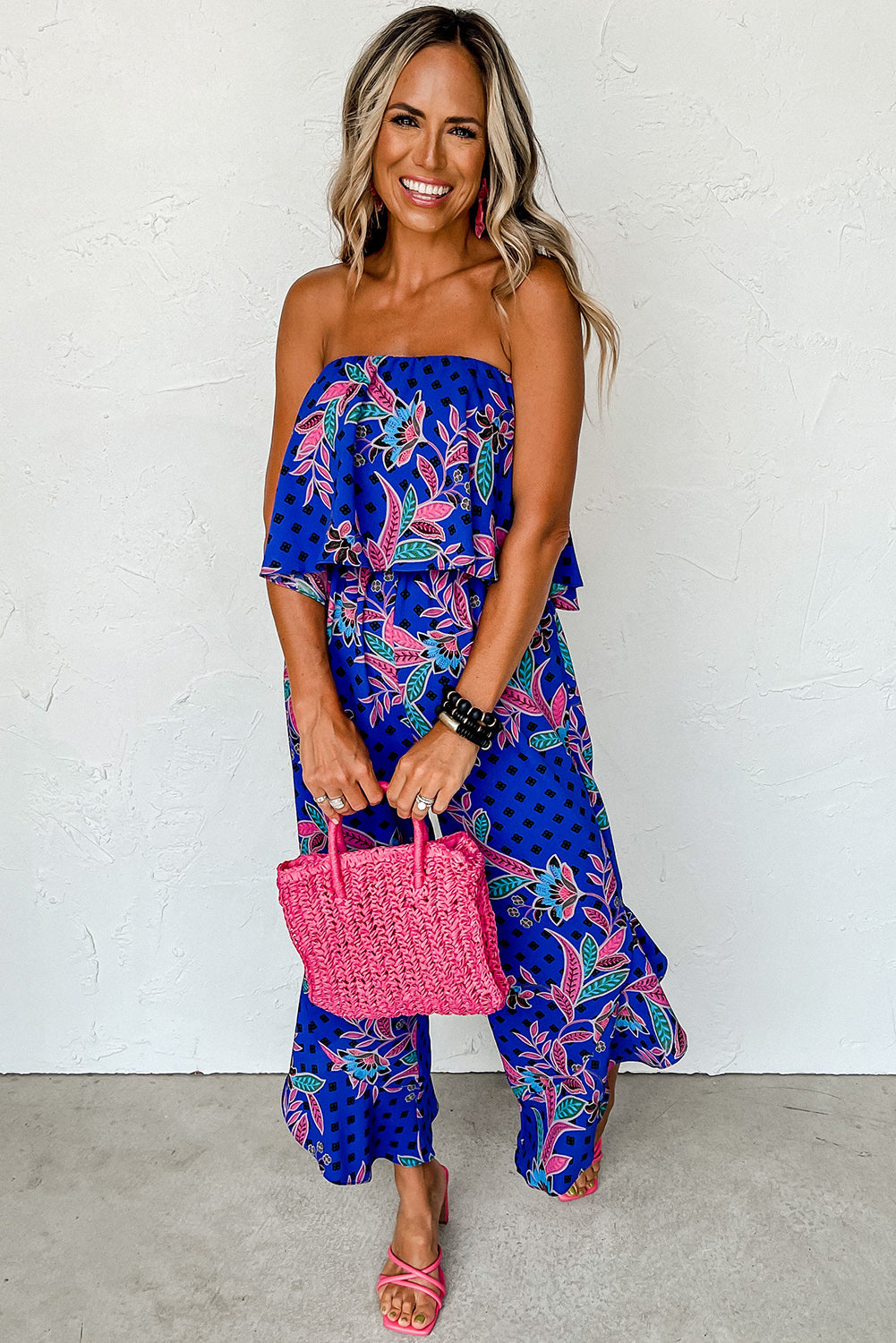 Blue Mix Tropical Print Strapless Ruffled Jumpsuit - Premium Bottoms/Jumpsuits & Rompers from Momma Done Gone Crafty- Just $24.48! Shop now at Momma Done Gone Crafty