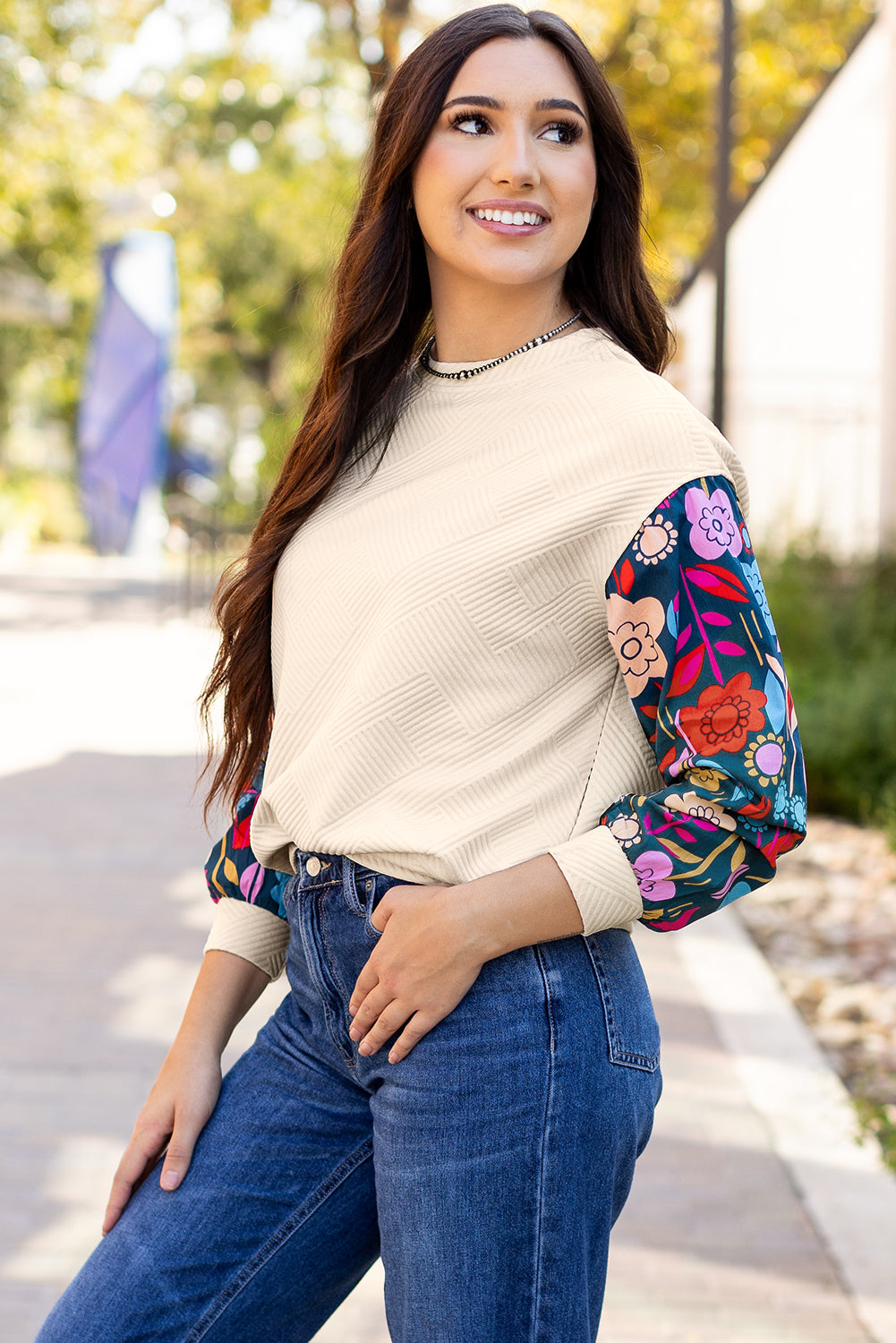White Contrast Floral Sleeve Textured Drop Shoulder Knit Top - Premium Tops/Long Sleeve Tops from Ashes 2 Wildflowers Boutique, LLC- Just $28.40! Shop now at Ashes 2 Wildflowers Boutique, LLC