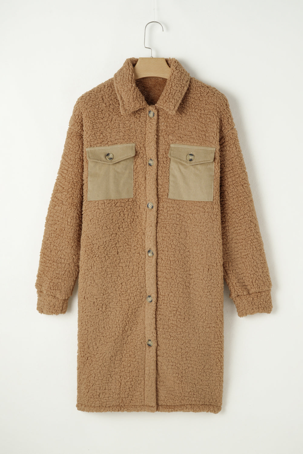 Khaki Contrast Flap Pocket Single Breasted Teddy Coat - Premium Outerwear/Coats from Momma Done Gone Crafty- Just $45.99! Shop now at Momma Done Gone Crafty