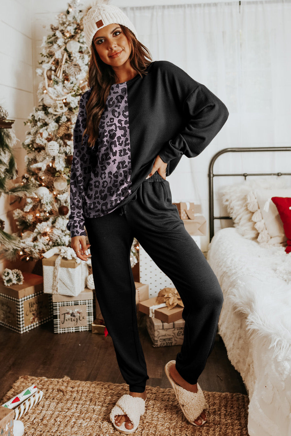 Black Contrast Leopard Long Sleeve Pullover and Joggers Outfit - Premium Loungewear from Momma Done Gone Crafty- Just $56.94! Shop now at Momma Done Gone Crafty