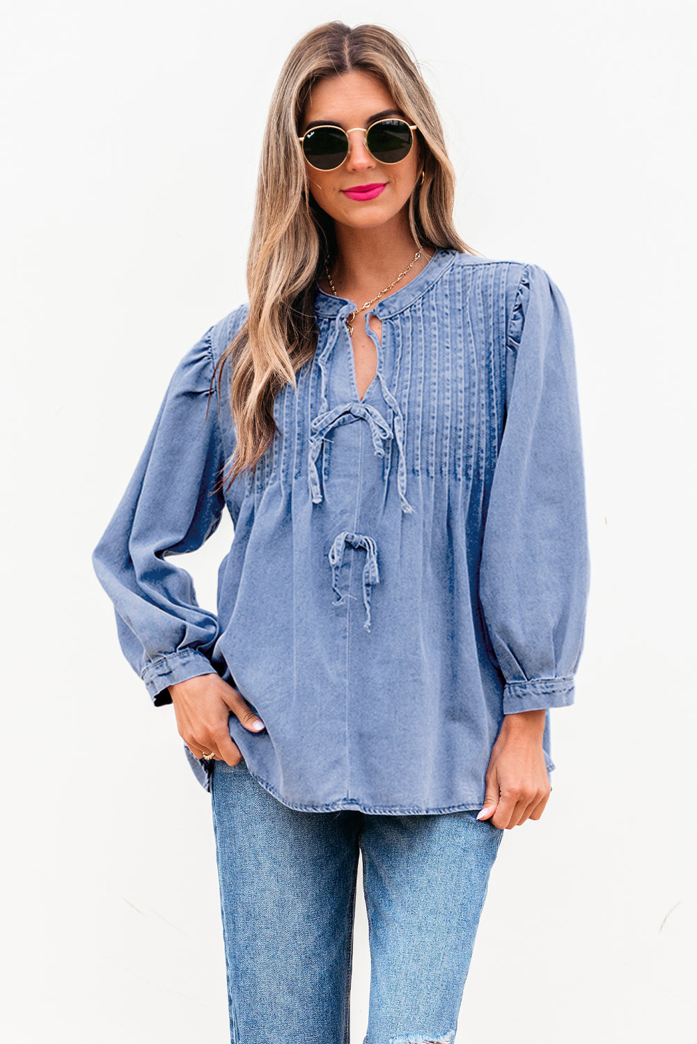 Myosotis Denim Front Pintuck Bow Tie Puff Sleeve Top - Premium Tops/Blouses & Shirts from Ashes 2 Wildflowers Boutique, LLC- Just $28.90! Shop now at Ashes 2 Wildflowers Boutique, LLC