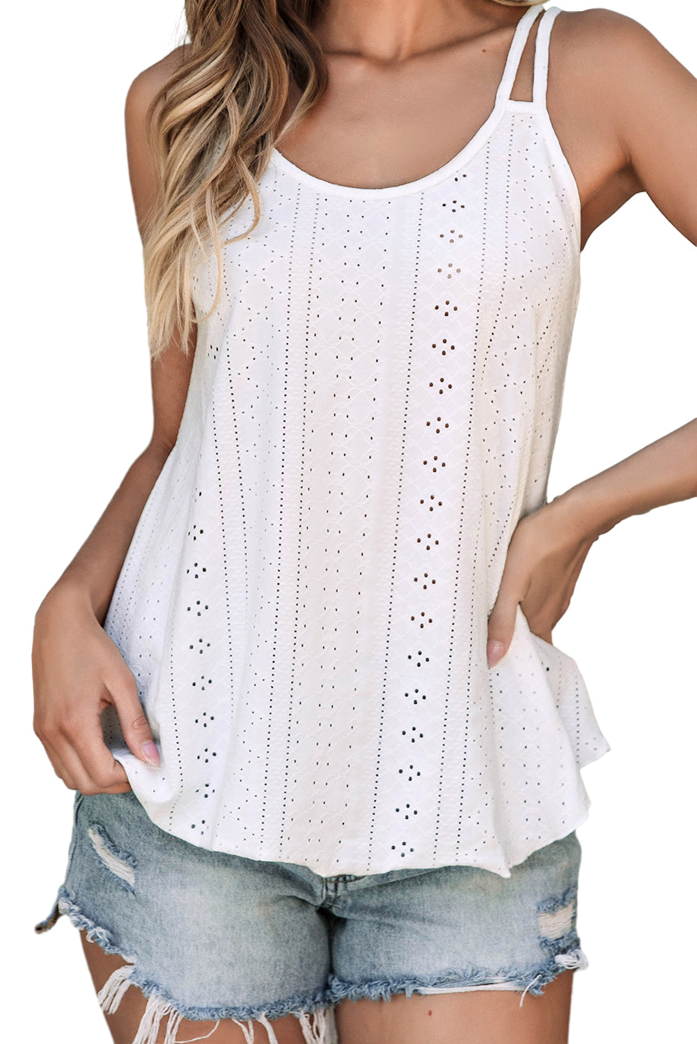 White Eyelet Strappy Scoop-Neck Tank Top - Premium Tops from Momma Done Gone Crafty- Just $12! Shop now at Momma Done Gone Crafty
