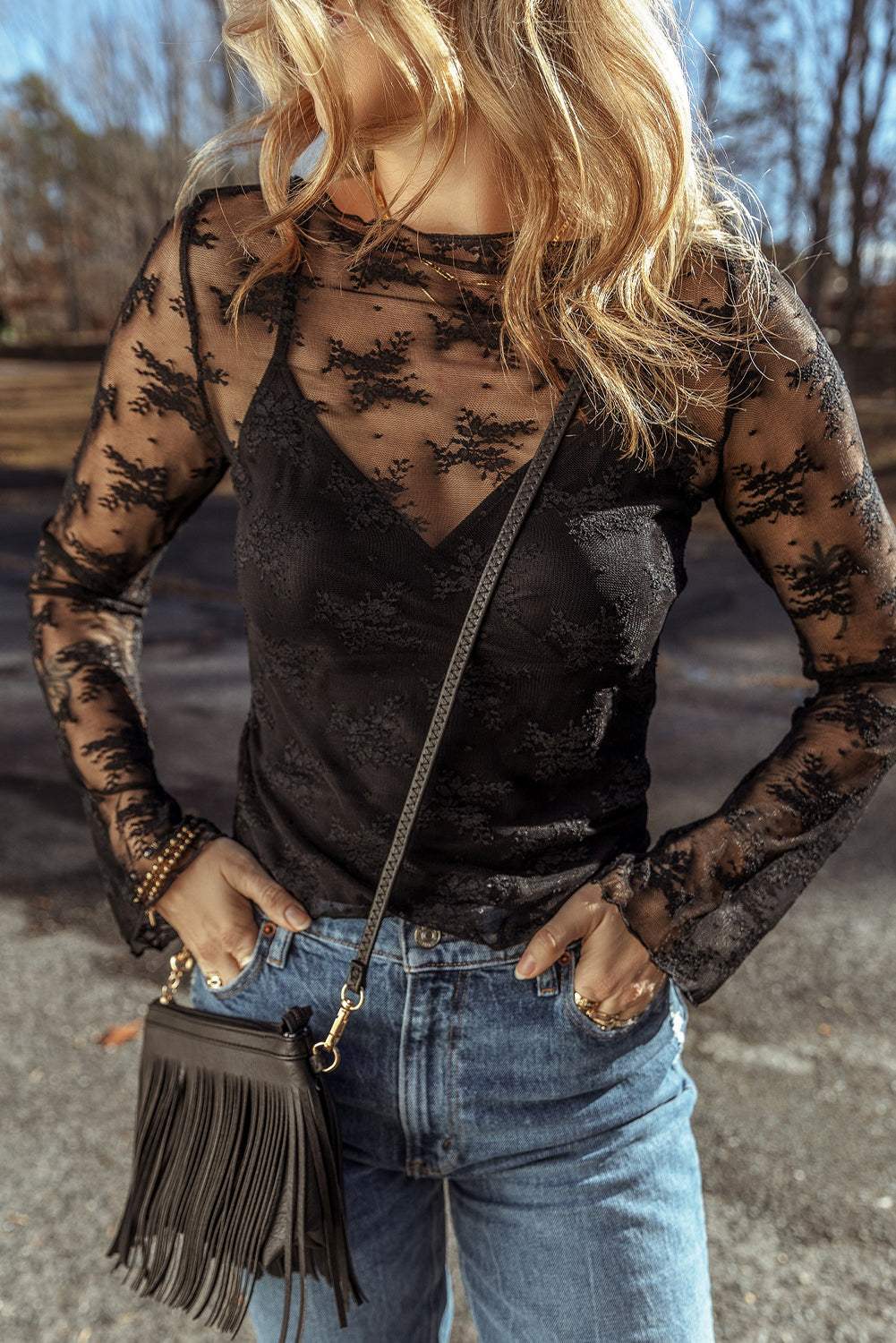 Black Lace Mesh Crochet Splicing Slim Fit Long Sleeve Blouse - Premium Tops/Blouses & Shirts from Ashes 2 Wildflowers Boutique, LLC- Just $27.88! Shop now at Ashes 2 Wildflowers Boutique, LLC