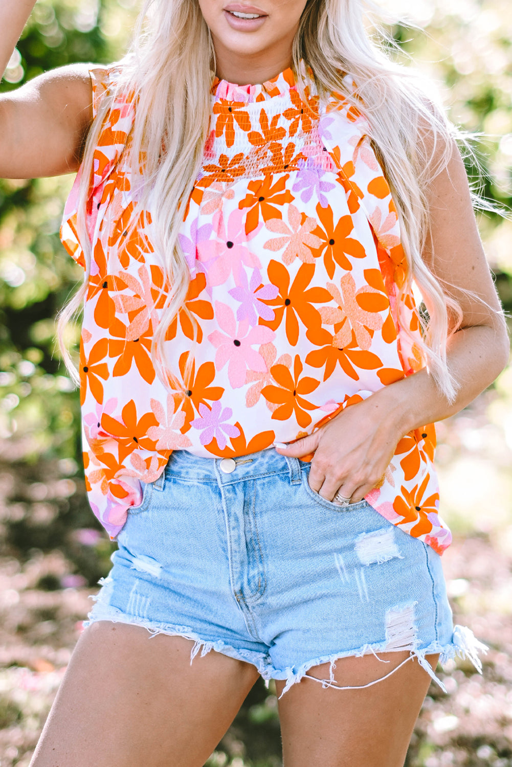 Orange Ruffled Sleeve Smocked Floral Top - Premium Tops/Blouses & Shirts from Ashes 2 Wildflowers Boutique, LLC- Just $30.14! Shop now at Ashes 2 Wildflowers Boutique, LLC