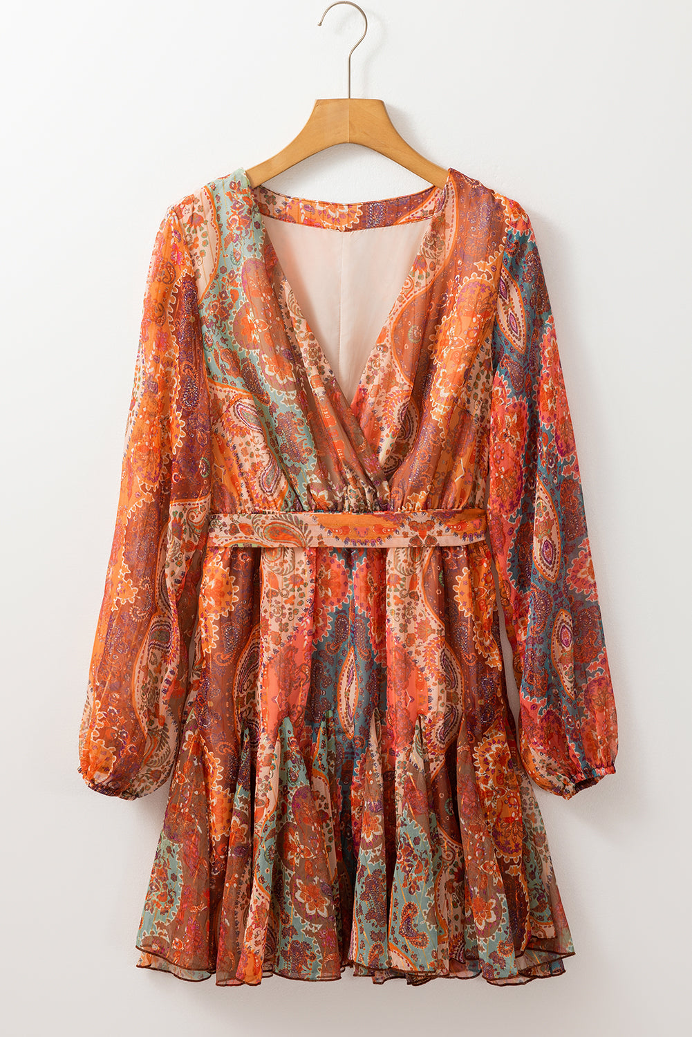 Orange Boho Paisley Print Long Sleeve Pleated Belted Mini Dress - Premium Dresses/Mini Dresses from Momma Done Gone Crafty- Just $64.99! Shop now at Momma Done Gone Crafty