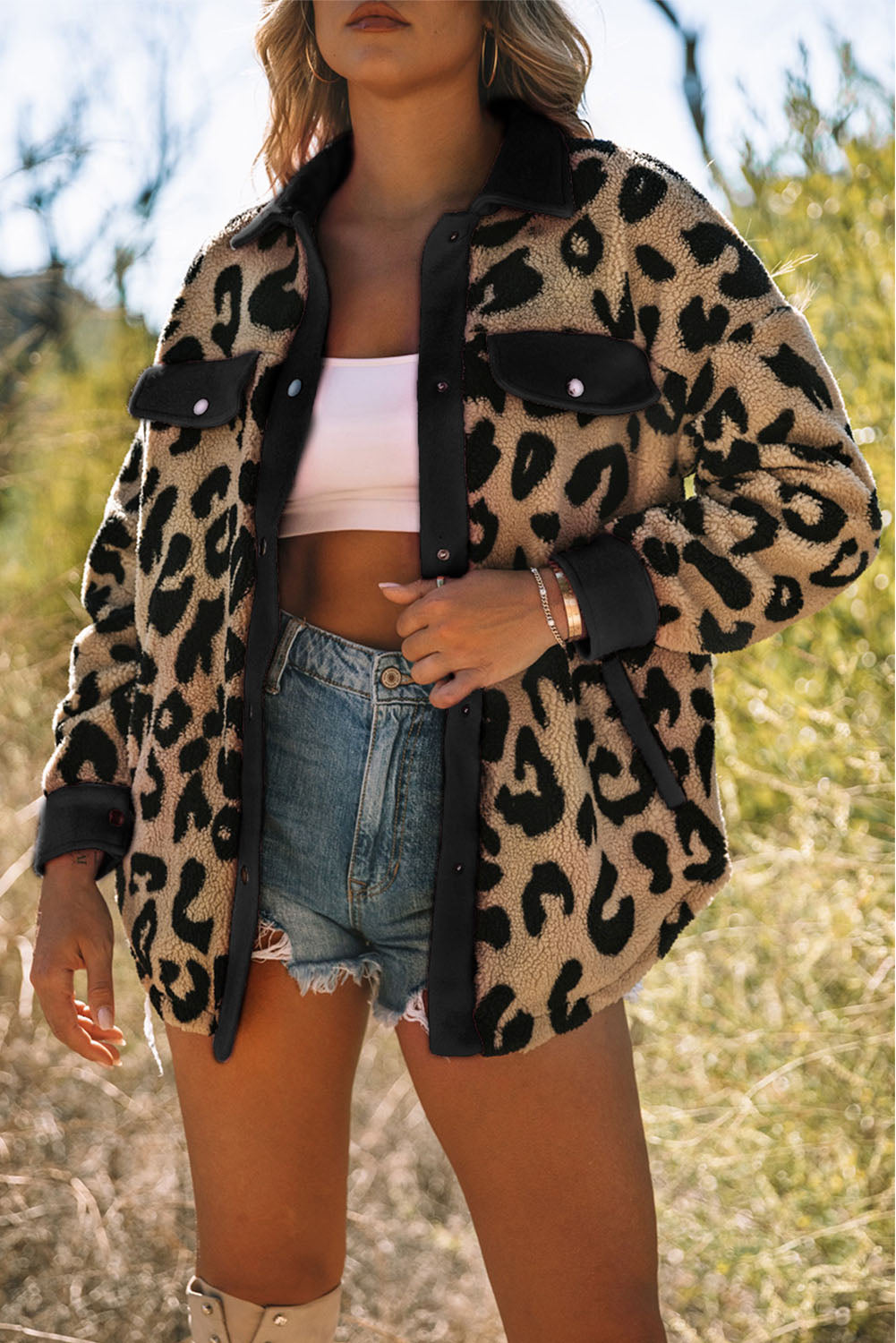 Black Contrast Trimmed Leopard Teddy Shacket - Premium Outerwear from Momma Done Gone Crafty- Just $61.50! Shop now at Momma Done Gone Crafty