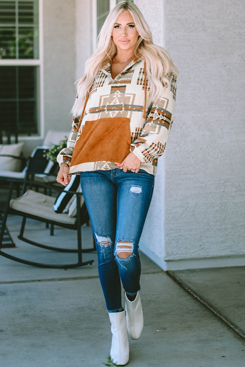 Beige Aztec Print Kangaroo Pocket Half-Zip Hoodie - Premium Tops from Momma Done Gone Crafty- Just $51.46! Shop now at Momma Done Gone Crafty
