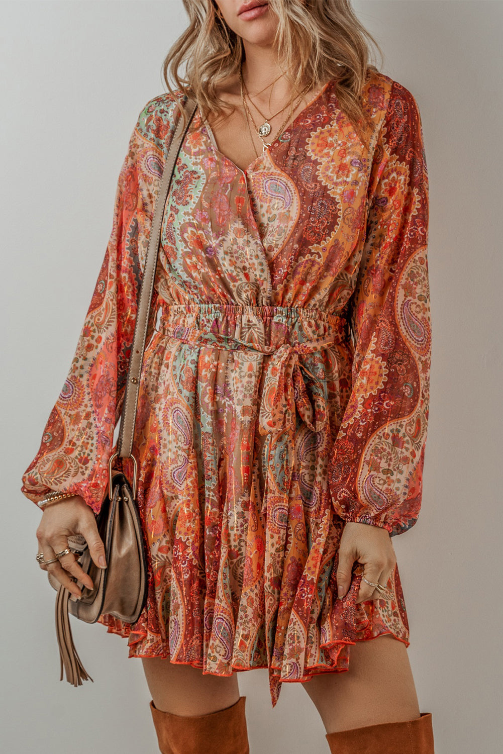 Orange Boho Paisley Print Long Sleeve Pleated Belted Mini Dress - Premium Dresses/Mini Dresses from Momma Done Gone Crafty- Just $64.99! Shop now at Momma Done Gone Crafty