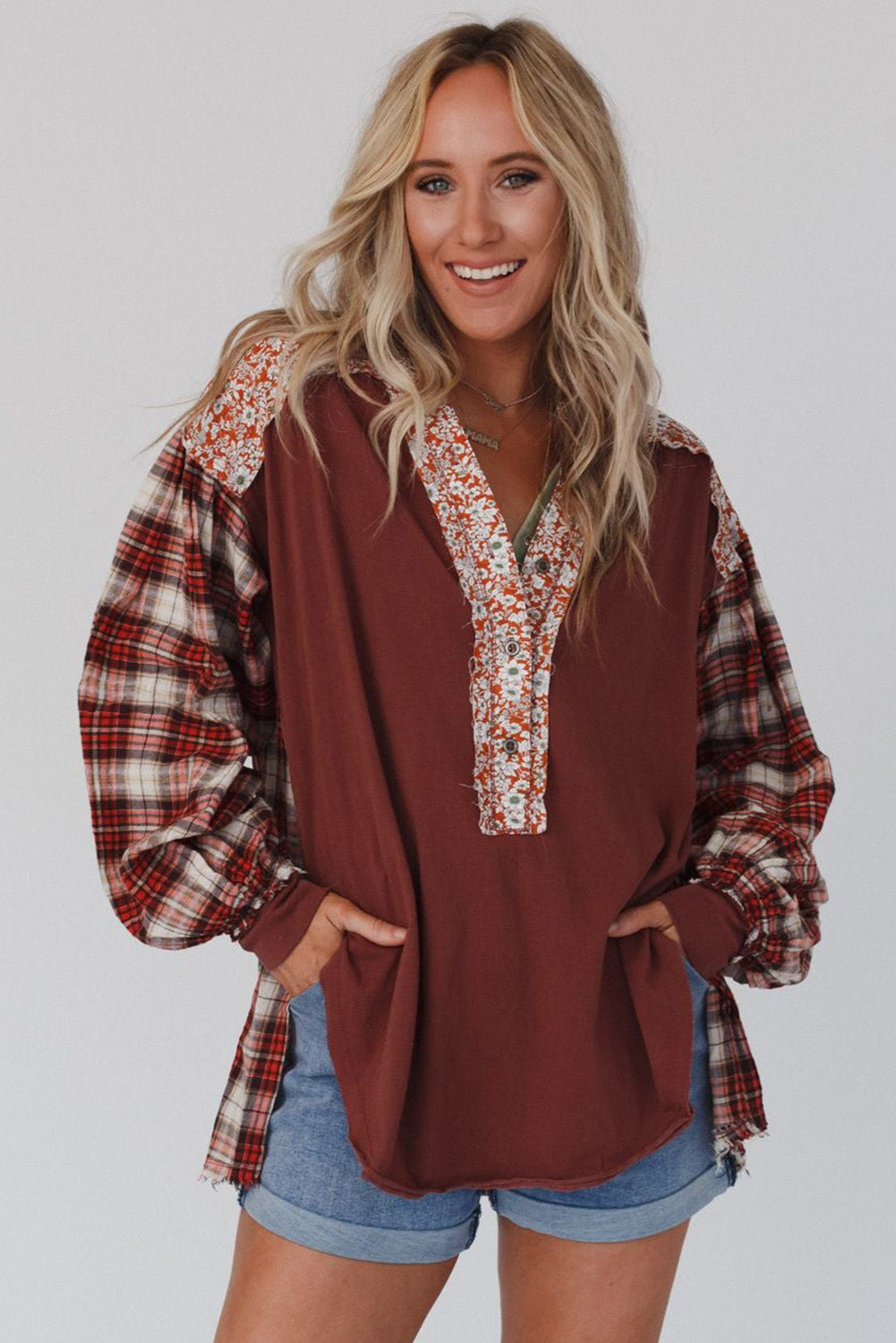 Red Floral Plaid Mixed Print Bishop Sleeve Patchwork Top - Premium Tops from Momma Done Gone Crafty- Just $61.11! Shop now at Momma Done Gone Crafty