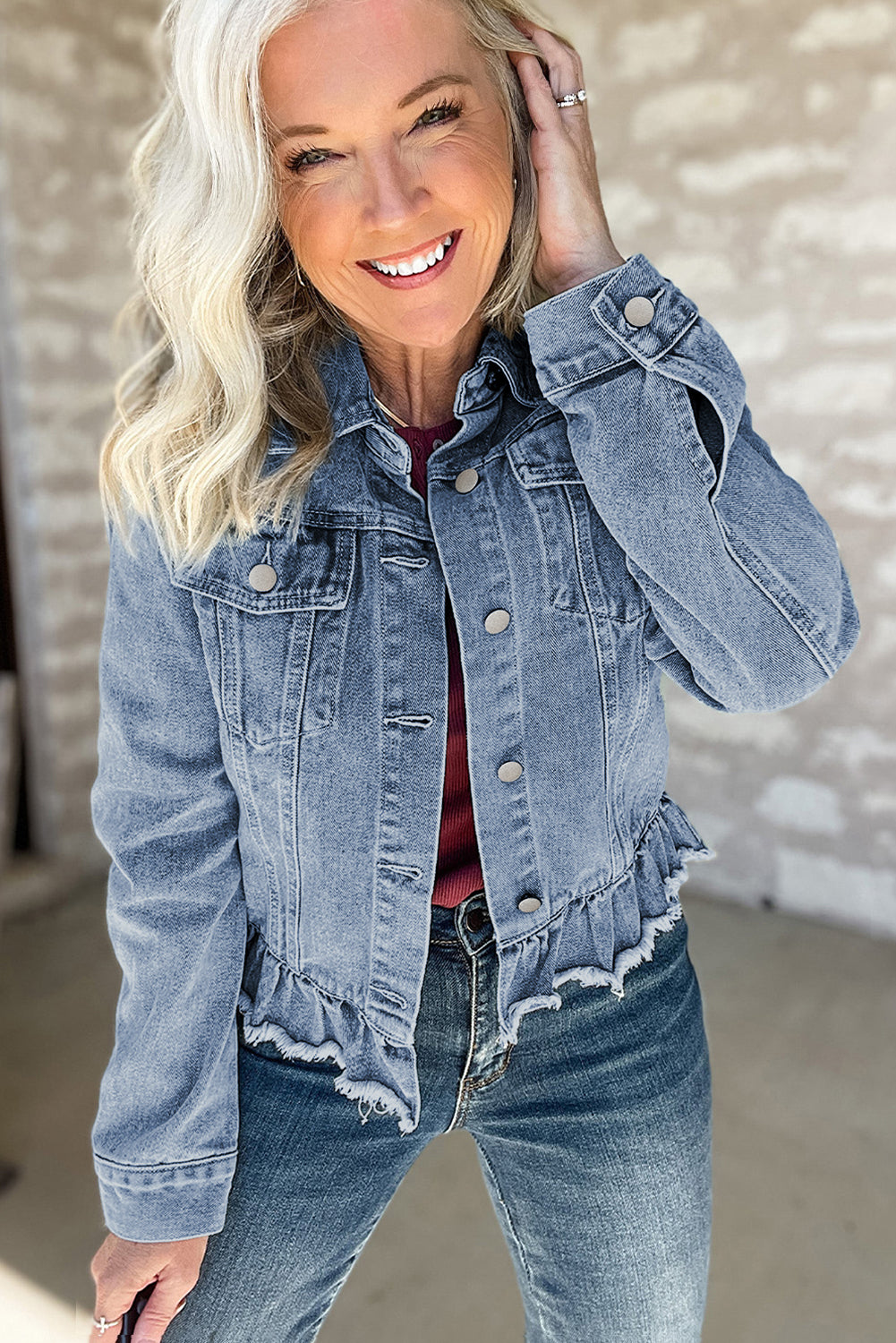 Beau Blue Ruffle Raw Hem Flap Pockets Denim Jacket - Premium Outerwear/Denim jackets from Ashes 2 Wildflowers Boutique, LLC- Just $41.38! Shop now at Ashes 2 Wildflowers Boutique, LLC