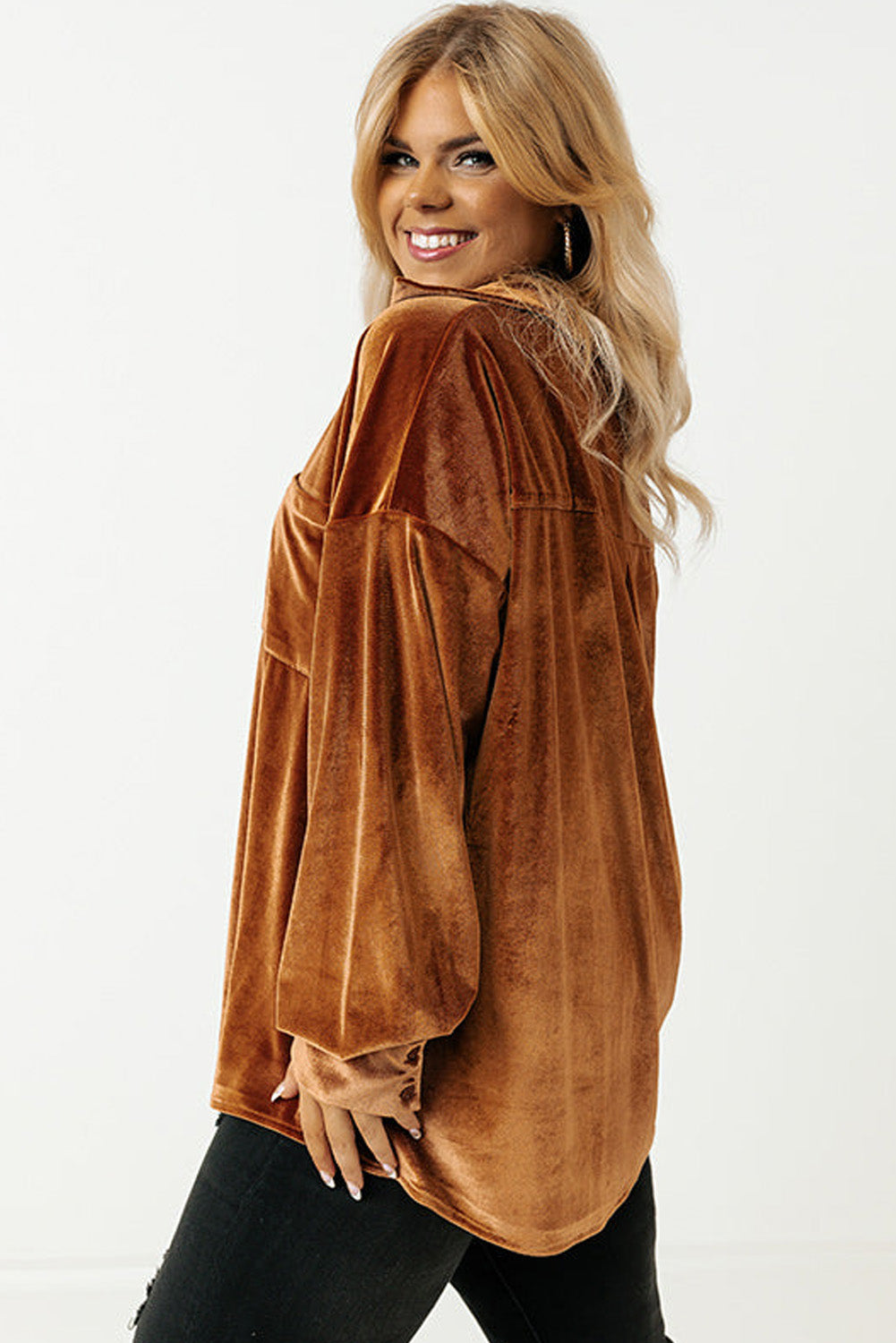 Chestnut Plus Size Velvet Chest Pocket Drop Shoulder Shirt - Premium Plus Size/Plus Size Tops/Plus Size Blouses & Shirts from Momma Done Gone Crafty- Just $31.80! Shop now at Momma Done Gone Crafty