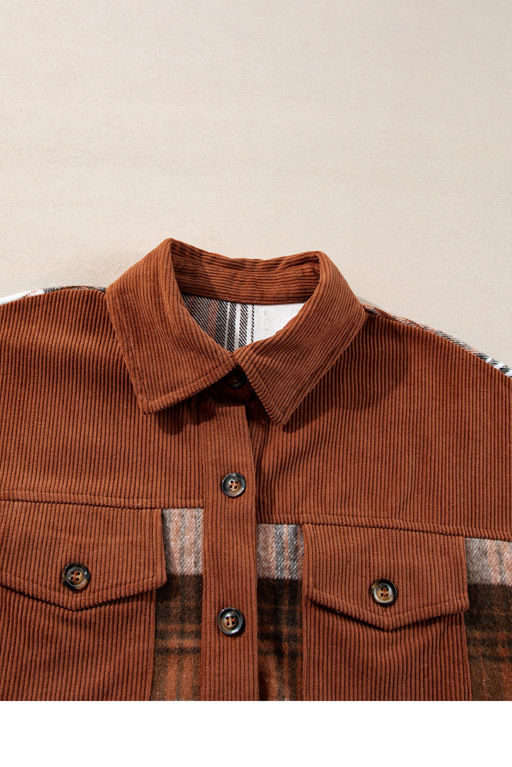 Cinnamon Plaid Corduroy Patchwork Chest Pocket Shacket - Premium Outerwear/Plaid Shackets from Momma Done Gone Crafty- Just $46.99! Shop now at Momma Done Gone Crafty