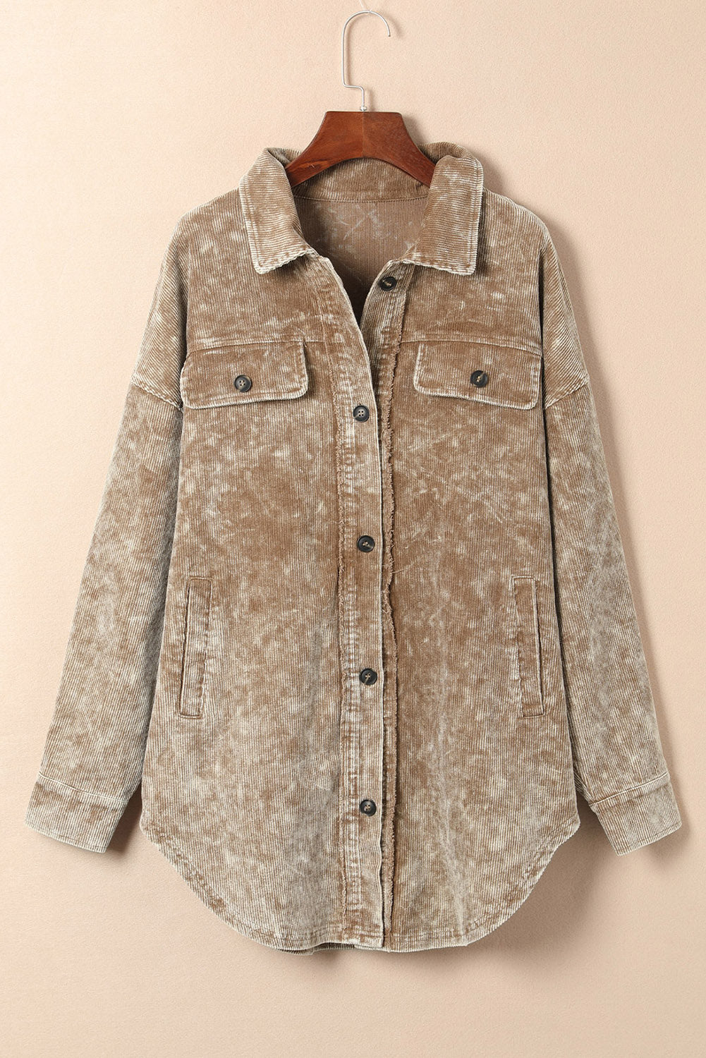 Khaki Vintage Distressed Mineral Wash Oversized Shacket - Premium Outerwear from Momma Done Gone Crafty- Just $61.50! Shop now at Momma Done Gone Crafty
