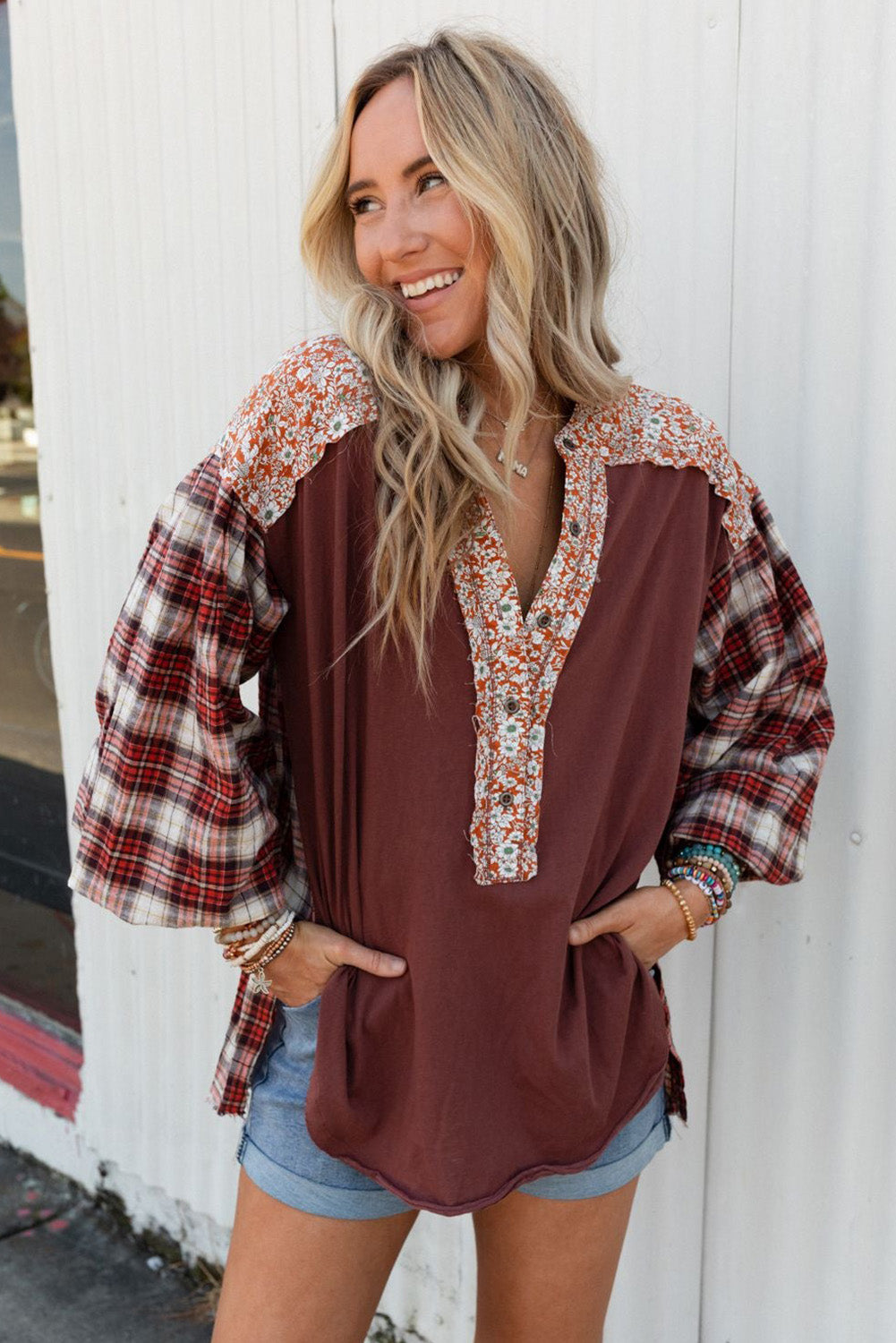 Red Floral Plaid Mixed Print Bishop Sleeve Patchwork Top - Premium Tops from Momma Done Gone Crafty- Just $61.11! Shop now at Momma Done Gone Crafty