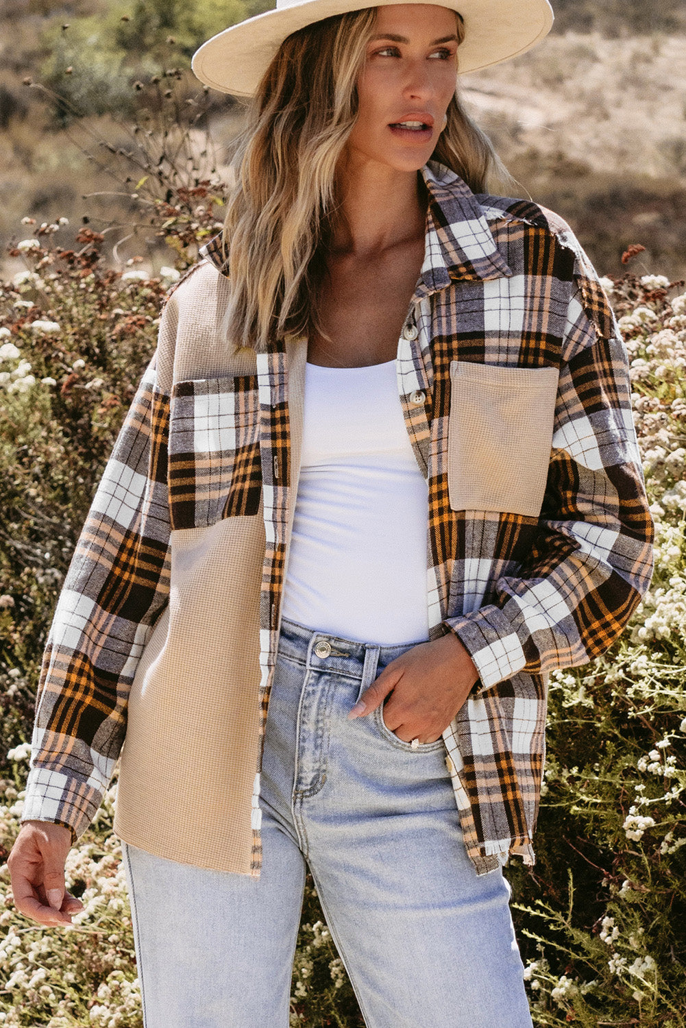 Khaki Thermal Knit Plaid Patchwork Shacket - Premium Outerwear/Plaid Shackets from Momma Done Gone Crafty- Just $45.99! Shop now at Momma Done Gone Crafty