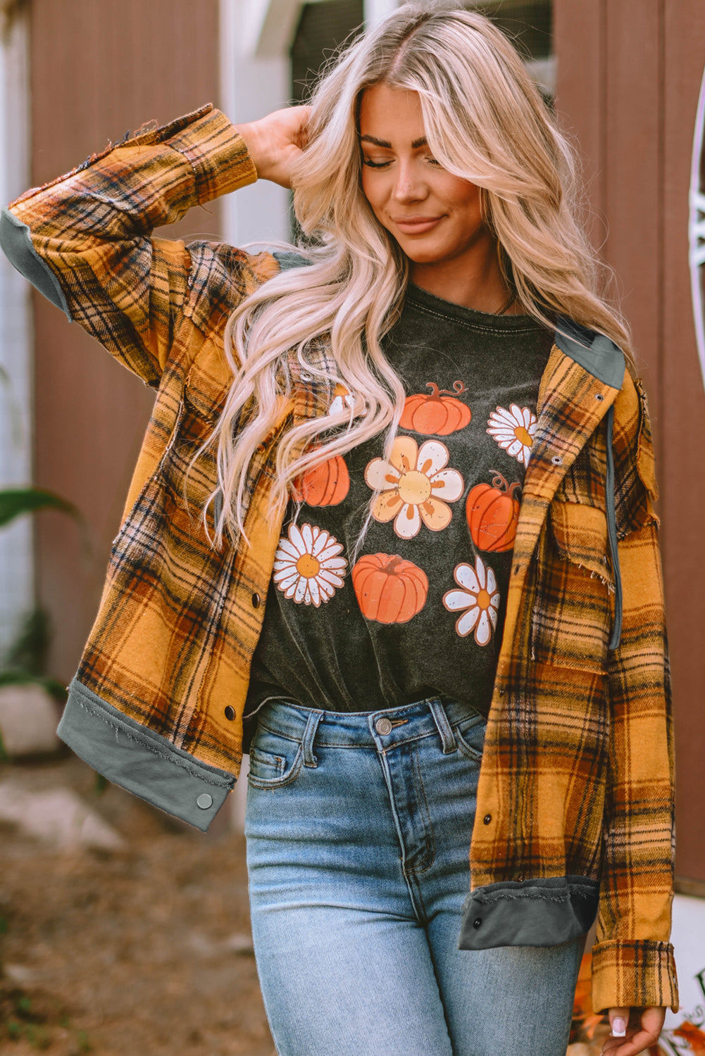 Orange Plaid Patch Hooded Frayed Snap Button Jacket - Premium Outerwear from Momma Done Gone Crafty- Just $52.62! Shop now at Momma Done Gone Crafty