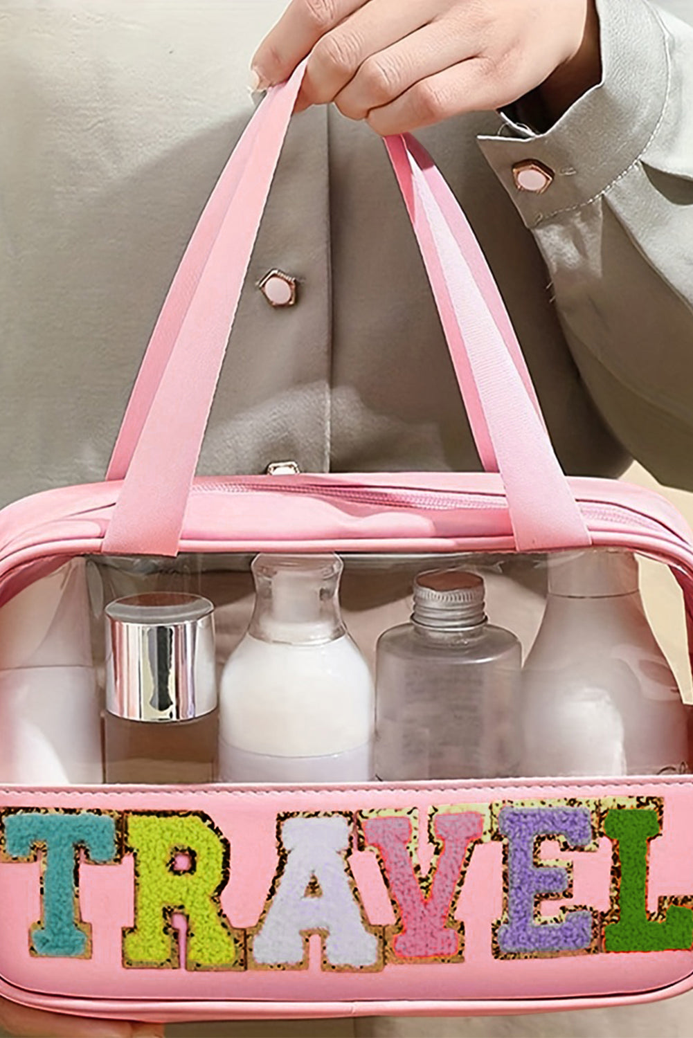 Light Pink TRAVEL Chenille Letter Clear PVC Makeup Bag - Premium Shoes & Bags/Makeup Bags from Momma Done Gone Crafty- Just $21.99! Shop now at Momma Done Gone Crafty