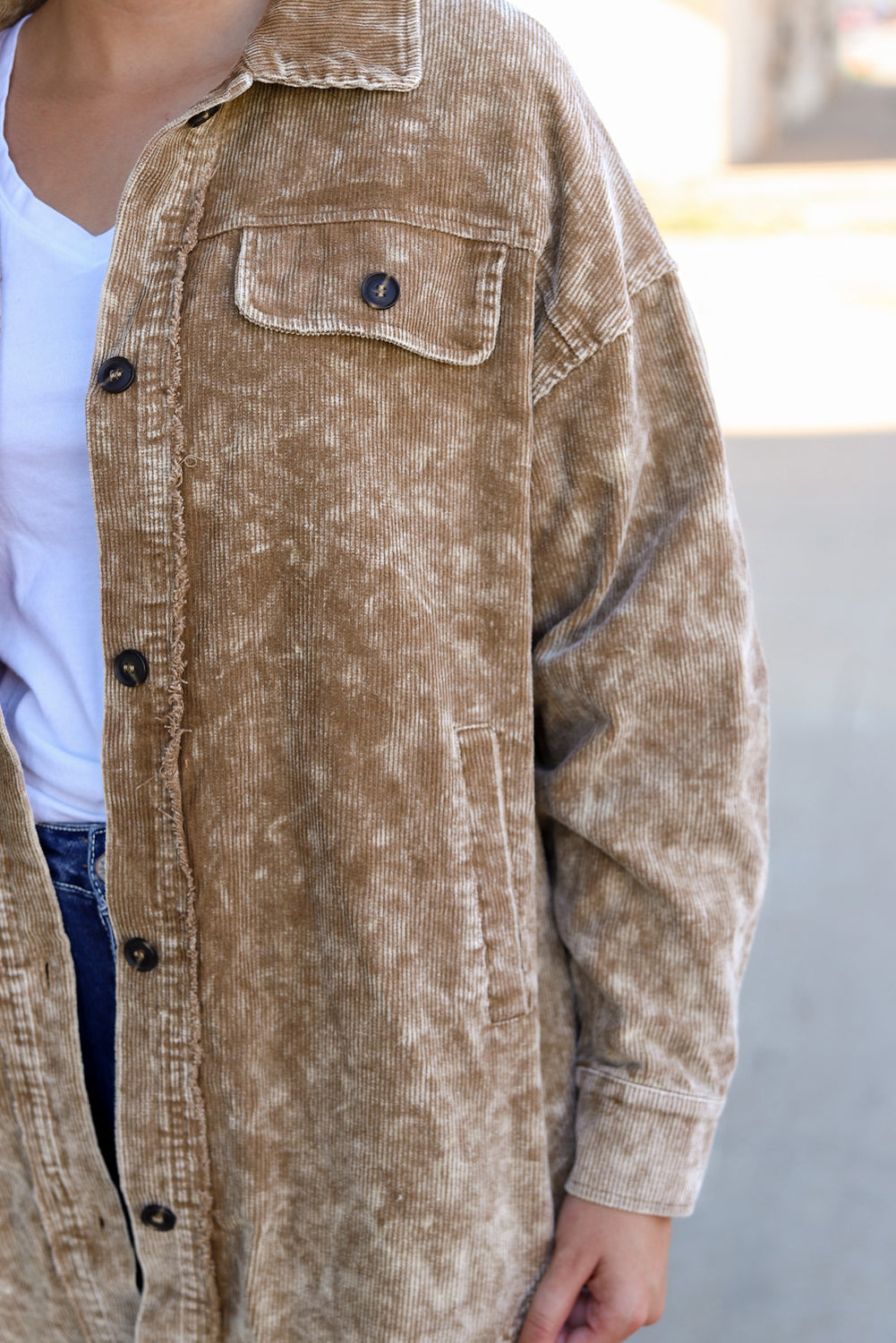 Khaki Vintage Distressed Mineral Wash Oversized Shacket - Premium Outerwear from Momma Done Gone Crafty- Just $61.50! Shop now at Momma Done Gone Crafty